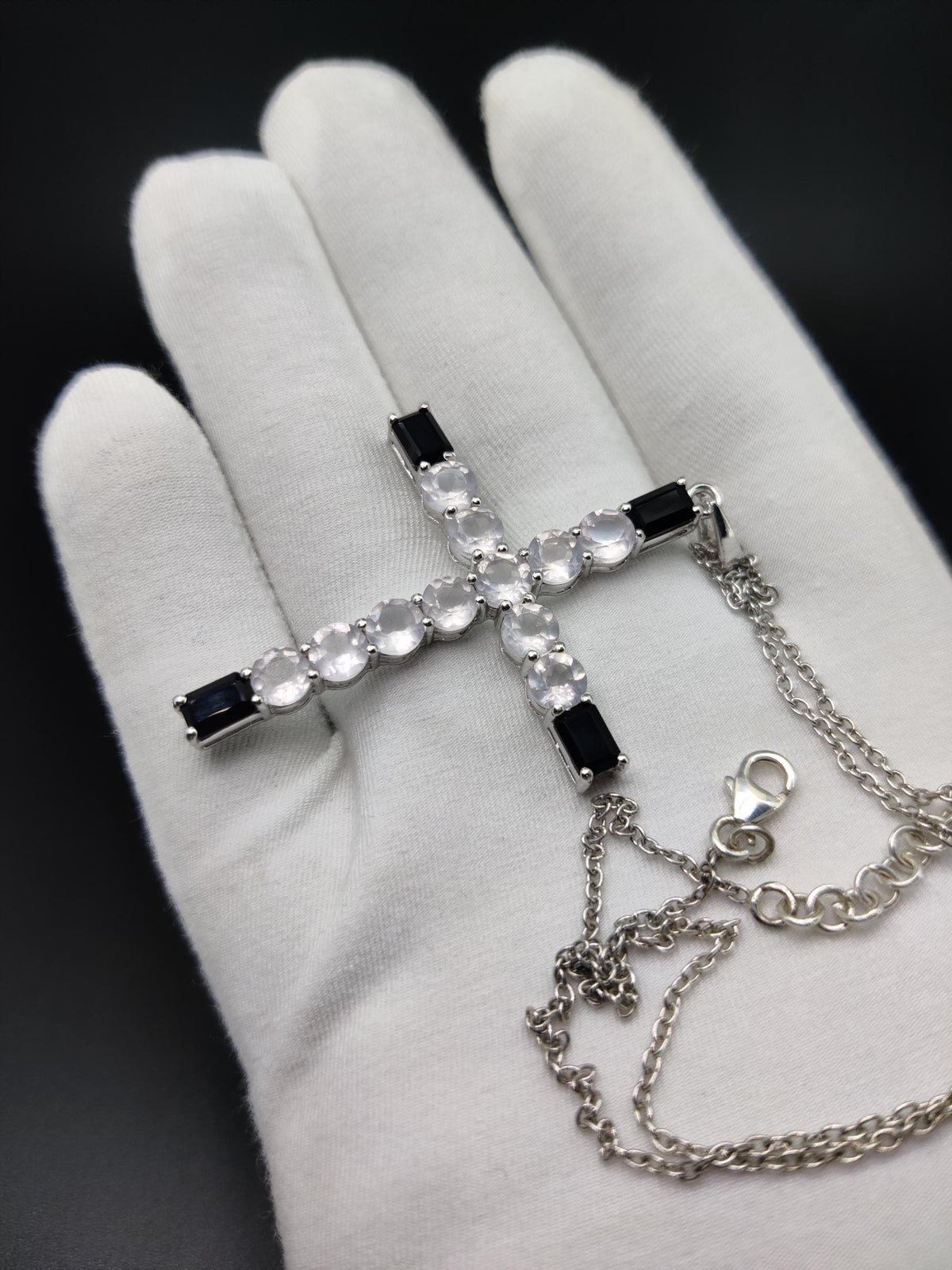 Rose Quartz & Black Onyx Cross Pendant, Handmade Sterling Silver Holy Cross, Christmas Jewelry