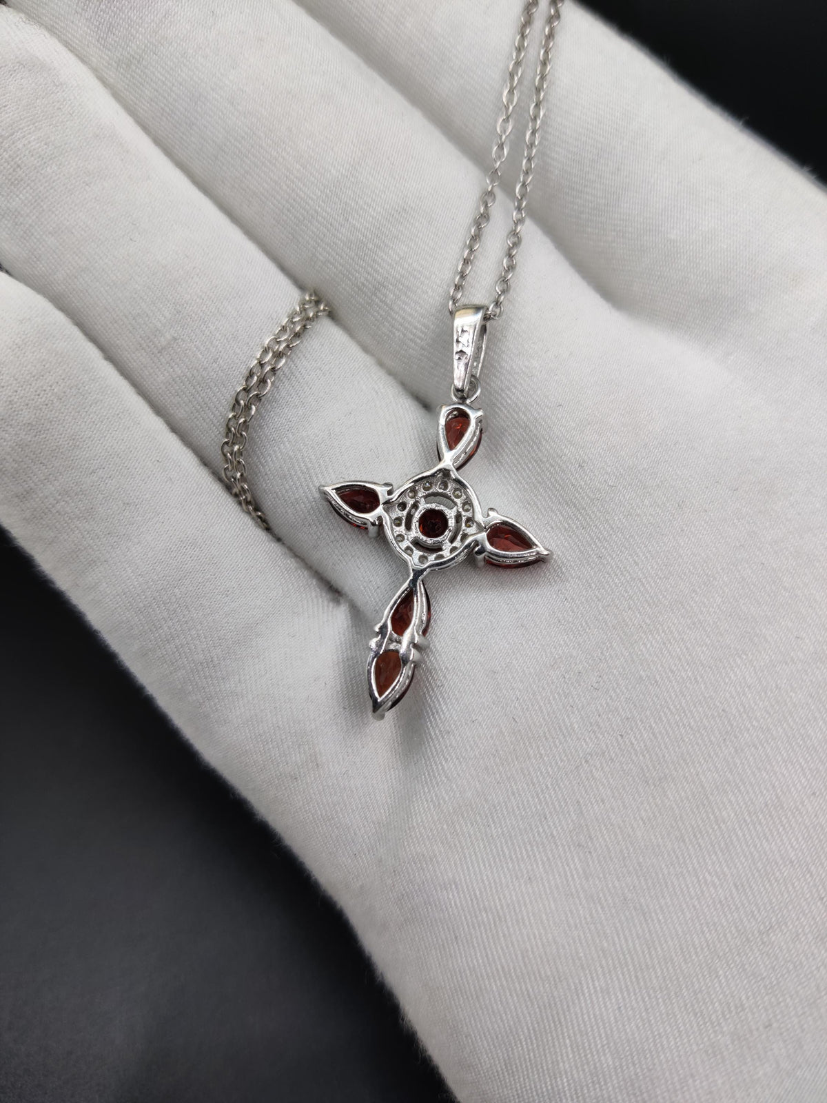 Garnet Cross Pendant: Pear Cut Gemstone, Sterling Silver