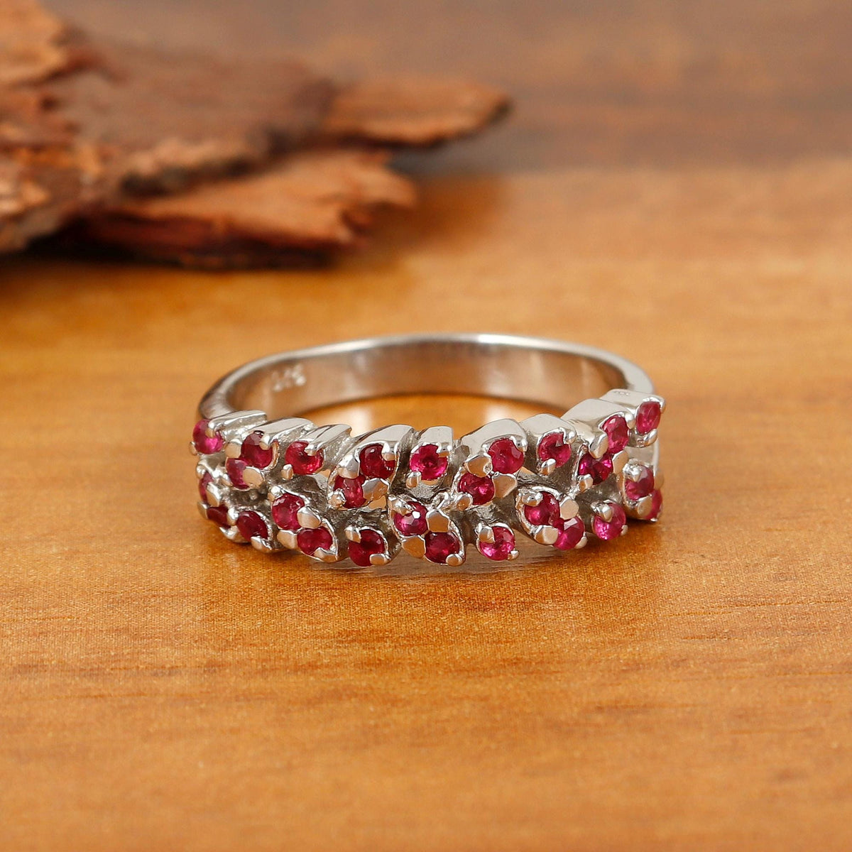 Ruby Half Eternity Ring Sterling Silver, Minimalist Stacking Band Gift for women