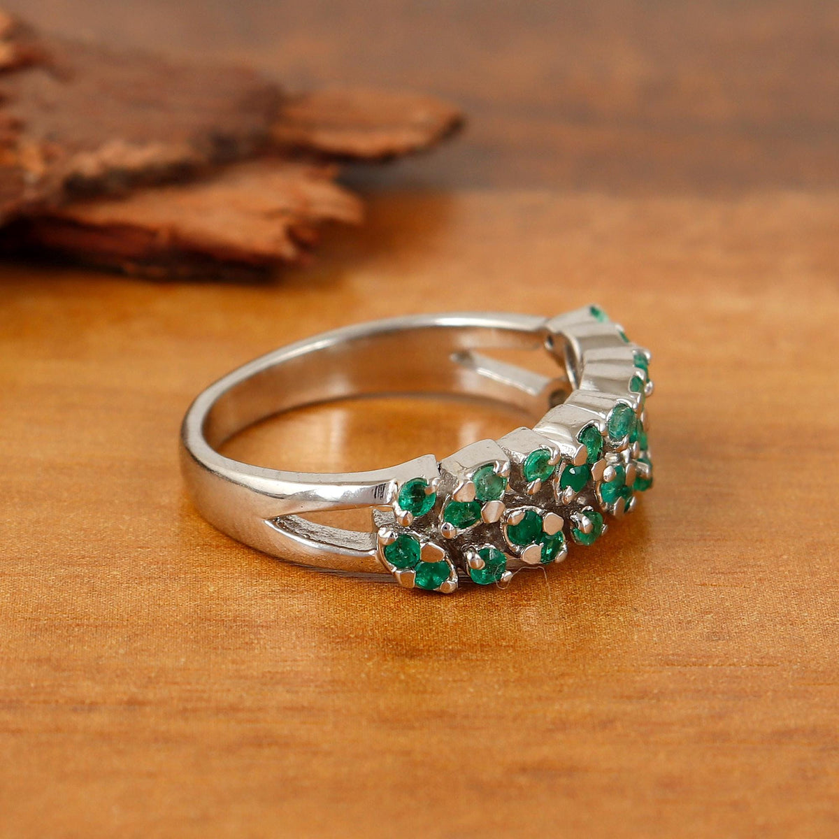 Emerald Silver Half Eternity Ring, May Birthstone Stackable Band