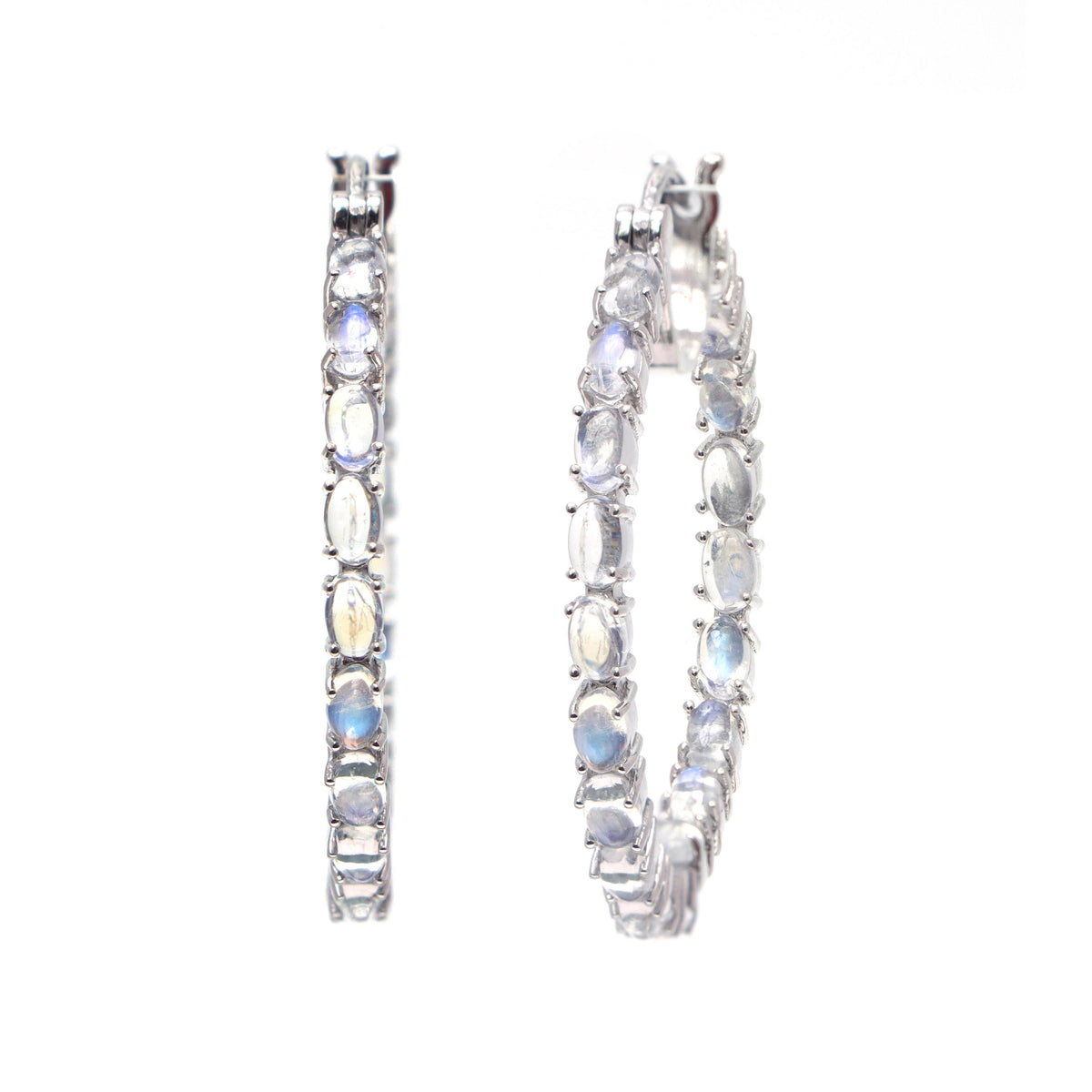 Rainbow Moonstone Hoop Earrings: 925 Sterling Silver, June Birthstone