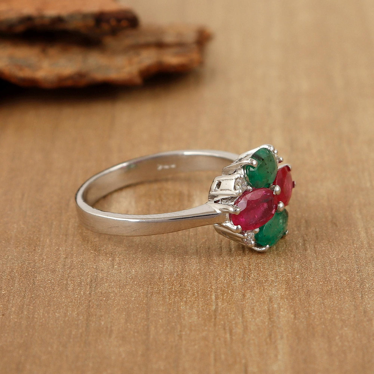 Ruby Emerald Ring: Sterling Silver Multi Gemstone Birthstone Jewelry