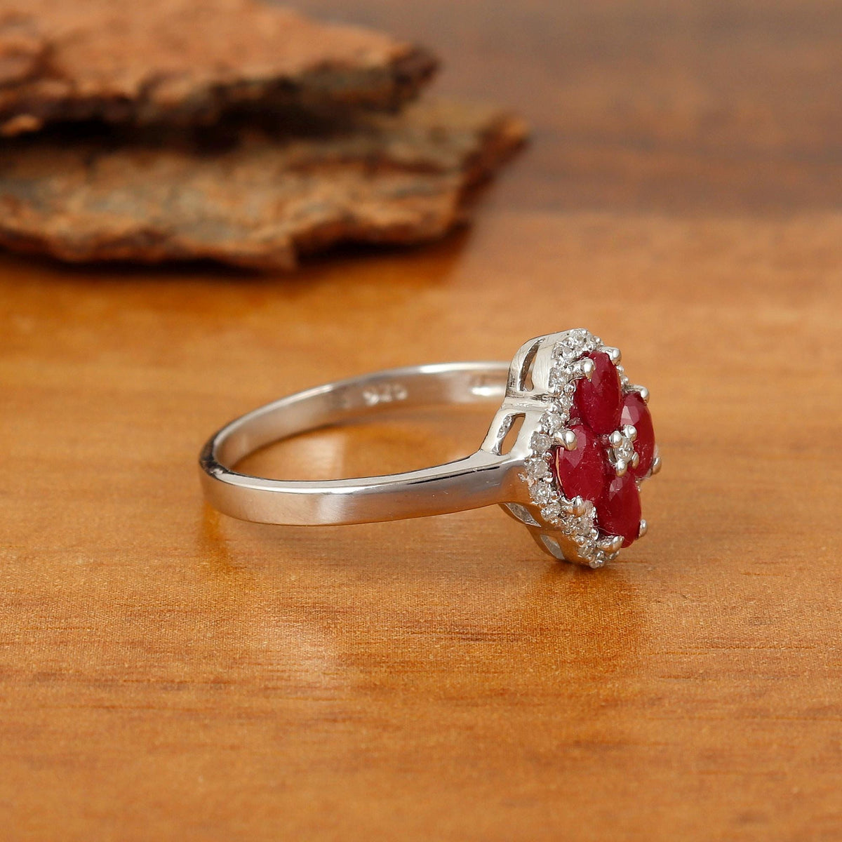 Natural Ruby Sterling Silver Ring: July Birthstone, Gemstone Cluster