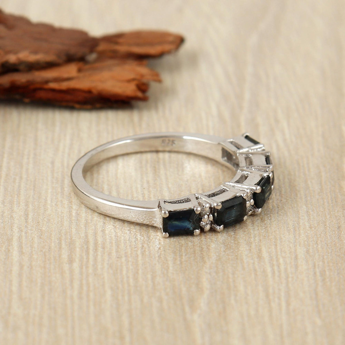 Natural Blue Sapphire Gemstone Sterling Silver Half Eternity Band Ring Handmade September Birthstone Jewelry