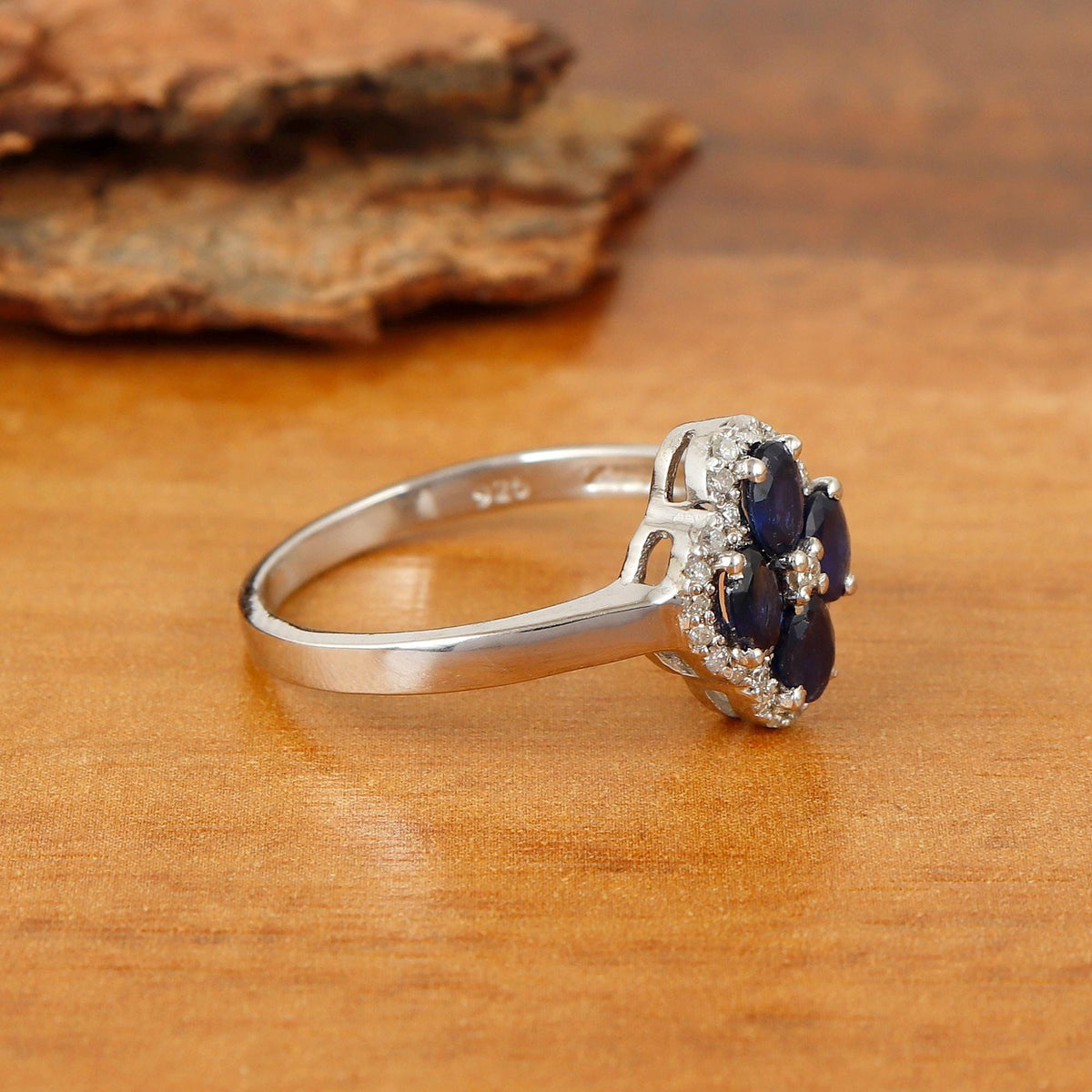 Blue Sapphire Diamond Silver Ring Handmade Gemstone bridal Jewelry