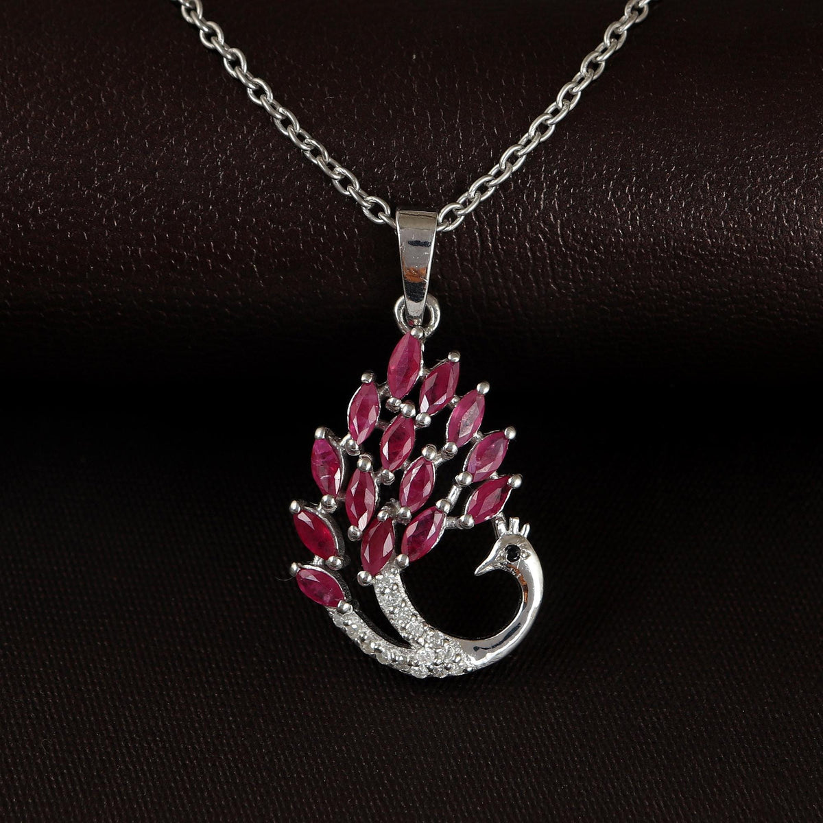 Ruby Peacock Pendant: Sterling Silver Diamond Bird Necklace