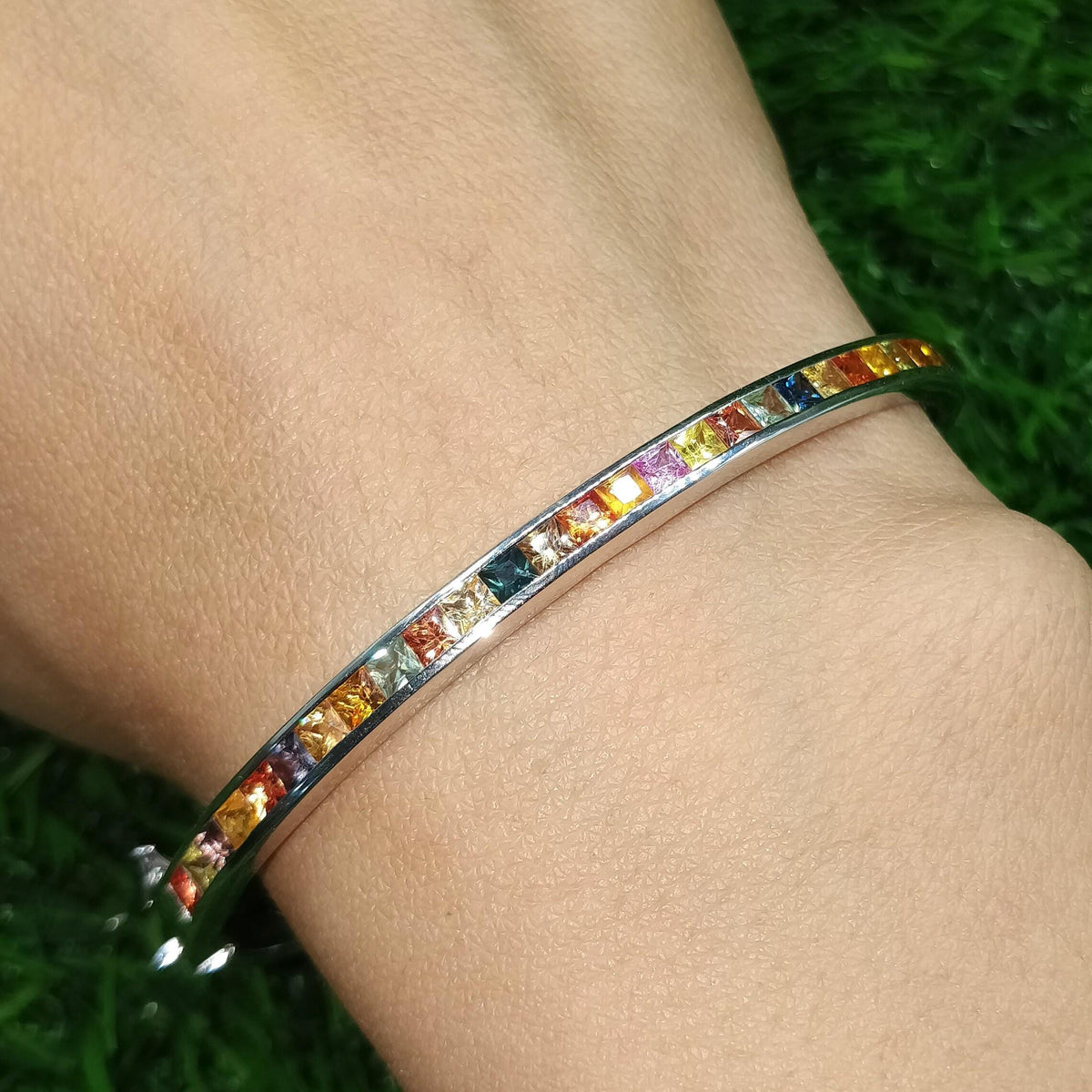 Sterling Silver Multi Sapphire Tennis Bangle Handmade Gemstone, Gift for Her