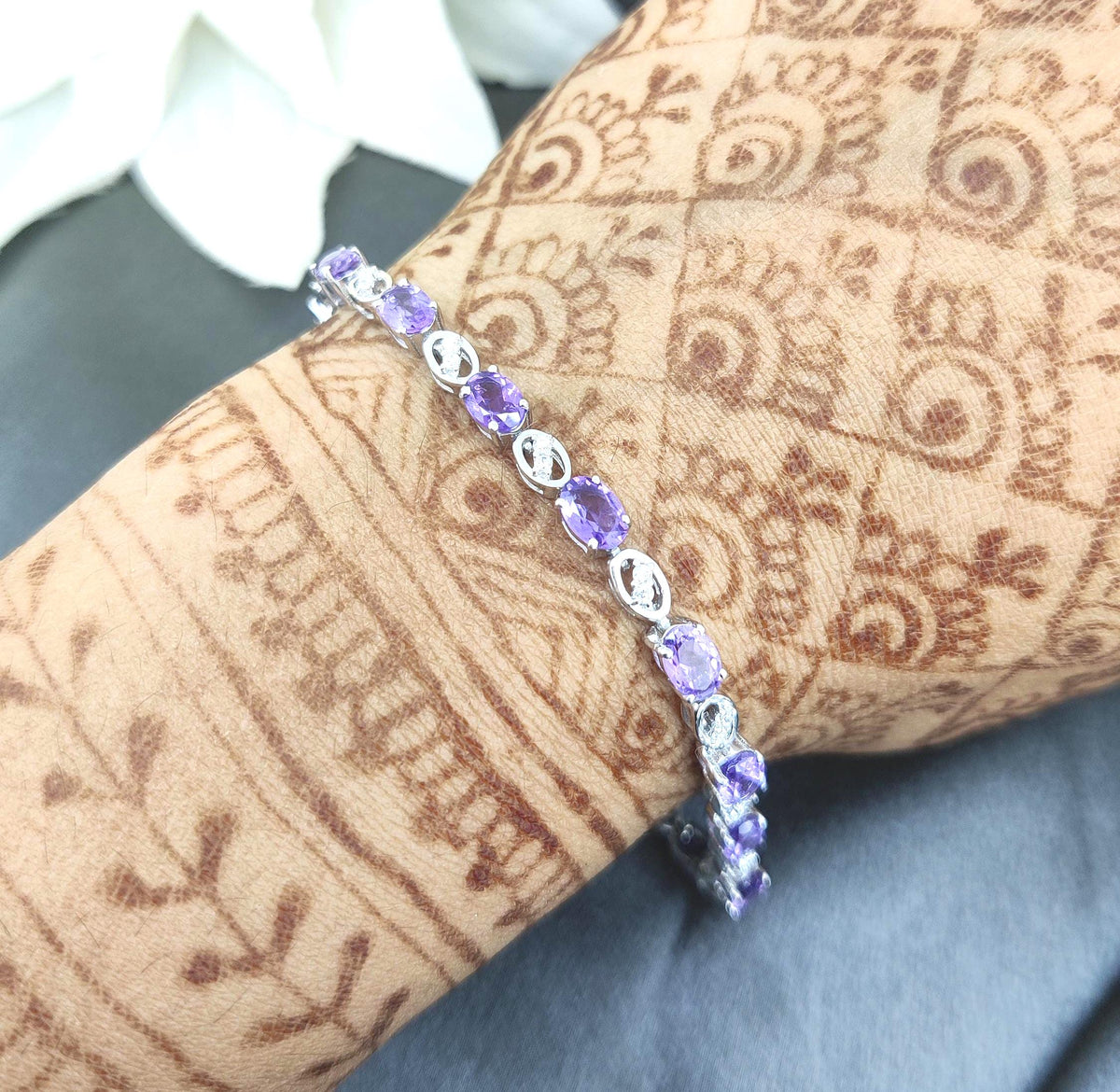 Amethyst Tennis Bracelet, 925 Sterling Silver, Oval Cut Gemstone Jewelry (6x4mm)