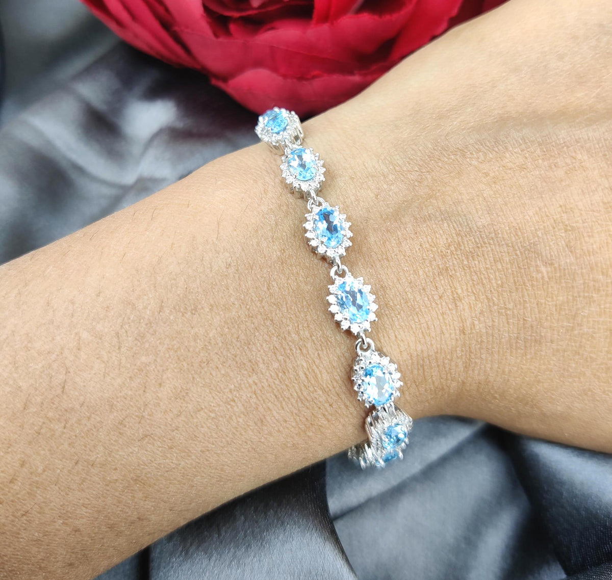 Sterling Silver Swiss Blue Topaz Tennis Bracelet, December Birthstone, Oval Gemstone Jewelry