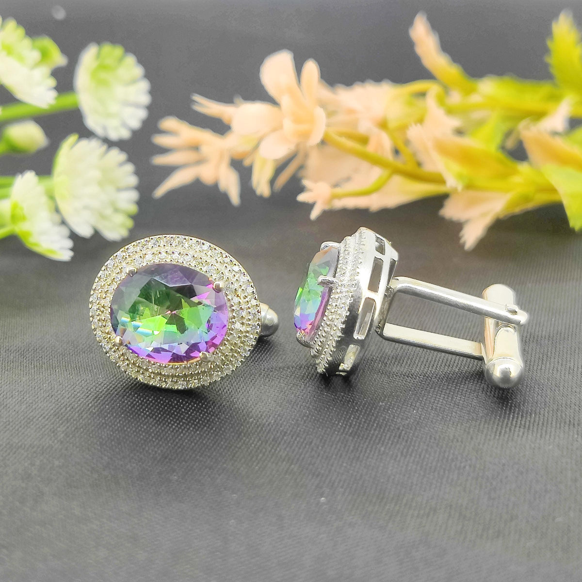 Natural Mystic Topaz Cufflinks-Multi Color Stone-925 Sterling Silver-November Birthstone-Gemstone Cluster Cufflinks-Mystic Topaz Jewelry