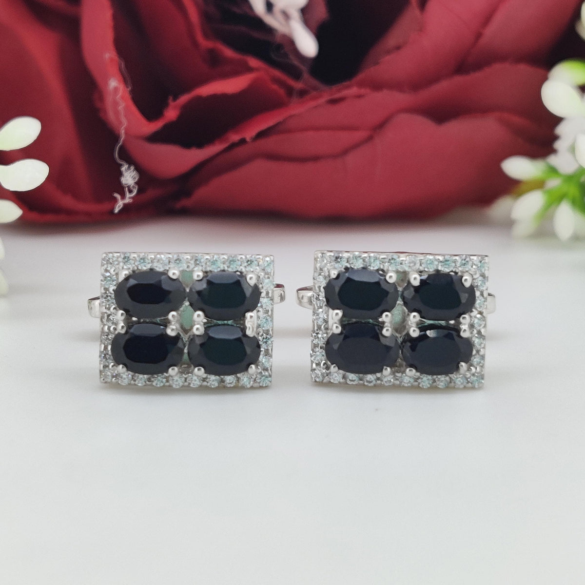 Black Onyx Sterling Silver Oval Cufflinks, Minimalist Gemstone Jewelry
