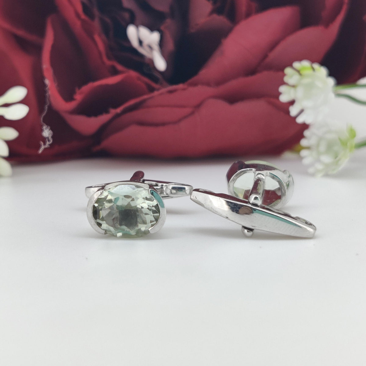 Oval Green Amethyst Sterling Silver Cufflinks, February Birthstone Men's Jewelry