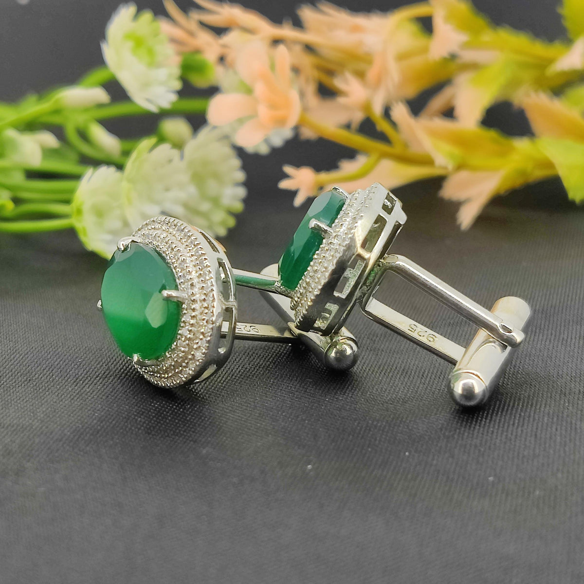 Natural Green Onyx Sterling Silver Cufflinks, Oval Gemstone Men's Accessories (May Birthstone)