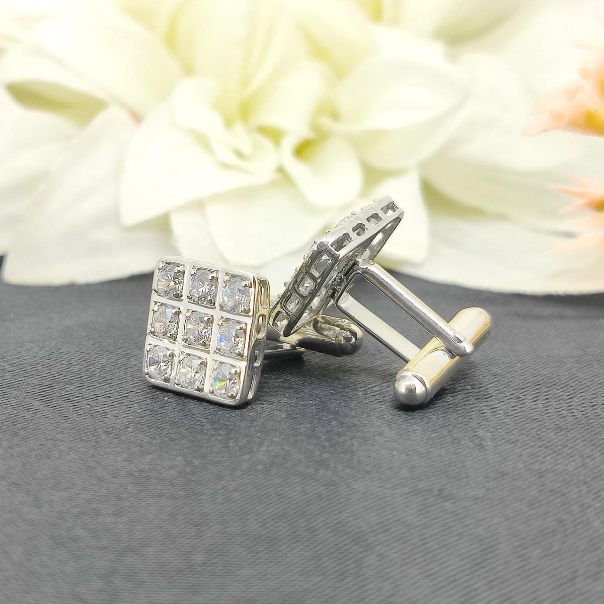 Sterling Silver Cubic Zirconia Cufflinks, Men's Square Cut Wedding Jewelry