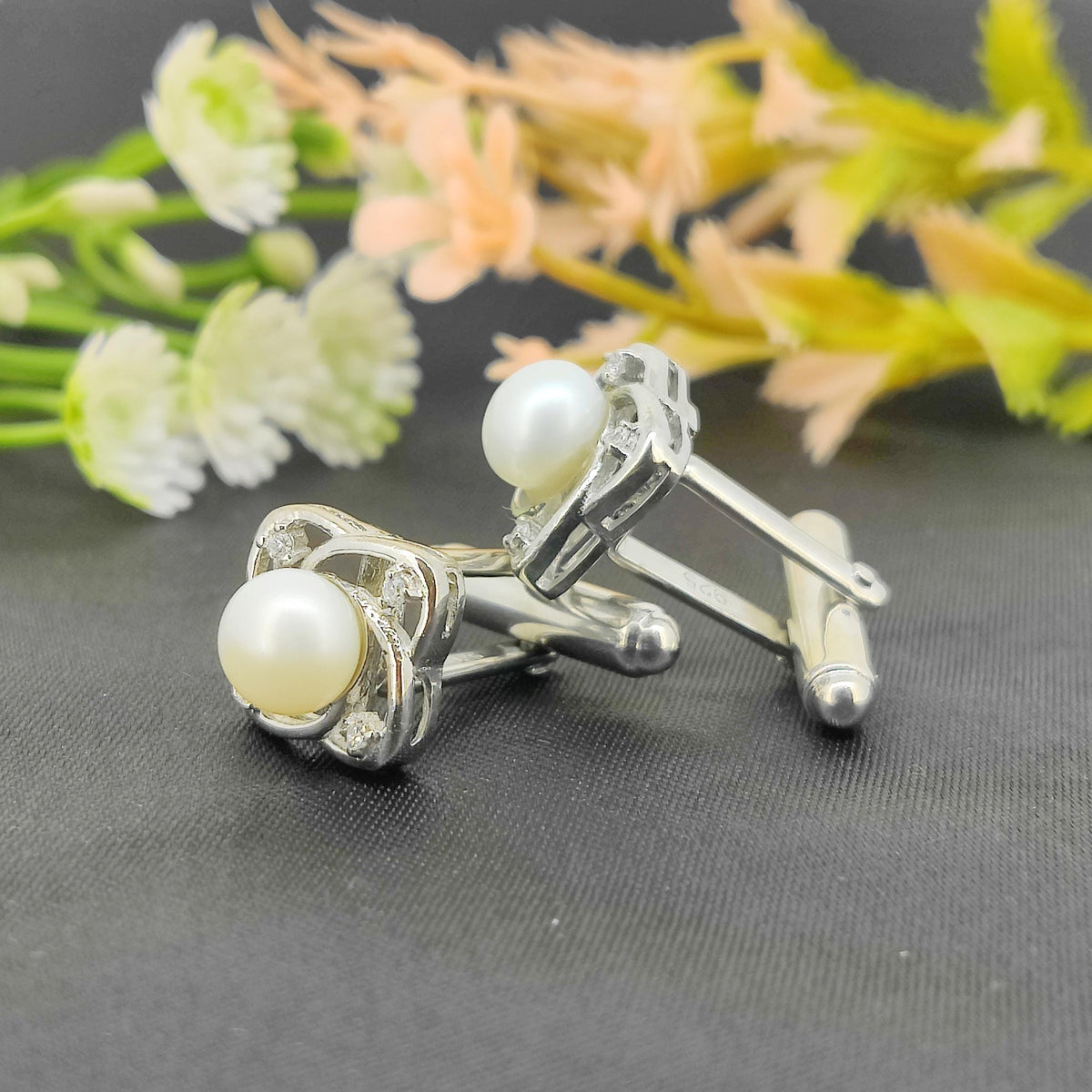 White Pearl Cufflinks-925 Sterling Silver Jewelry-June Birthstone-Cubic Zircon Star Cufflinks-Minimalist Handmade Jewelry-Anniversary Gift