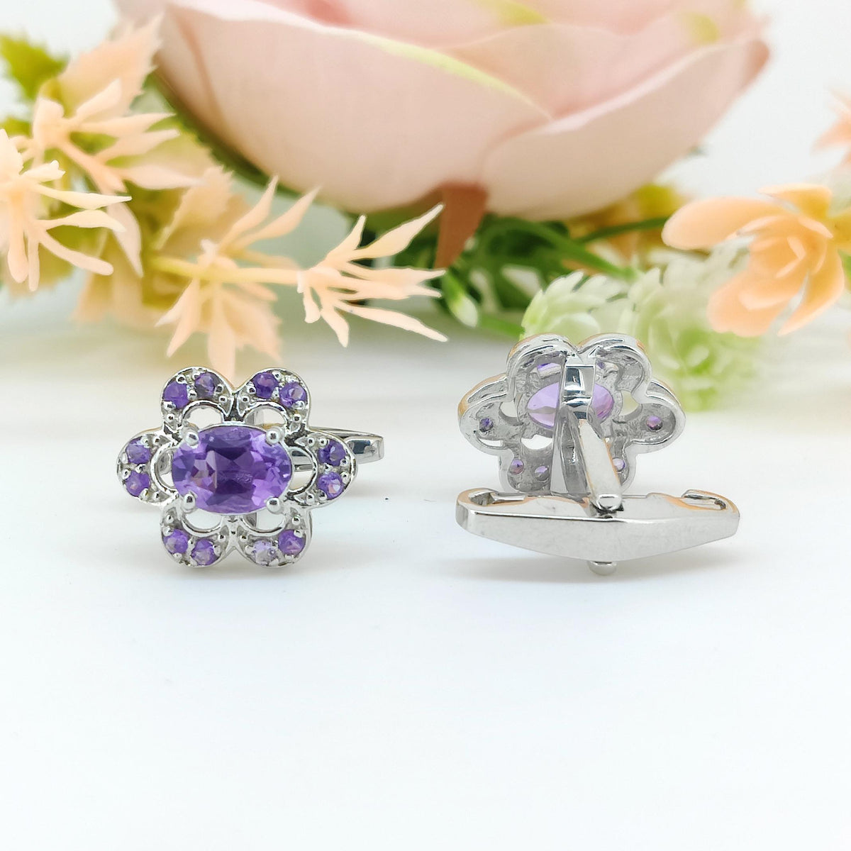 Purple Amethyst Oval Gemstone Cufflinks, 925 Sterling Silver, February Birthstone Jewelry