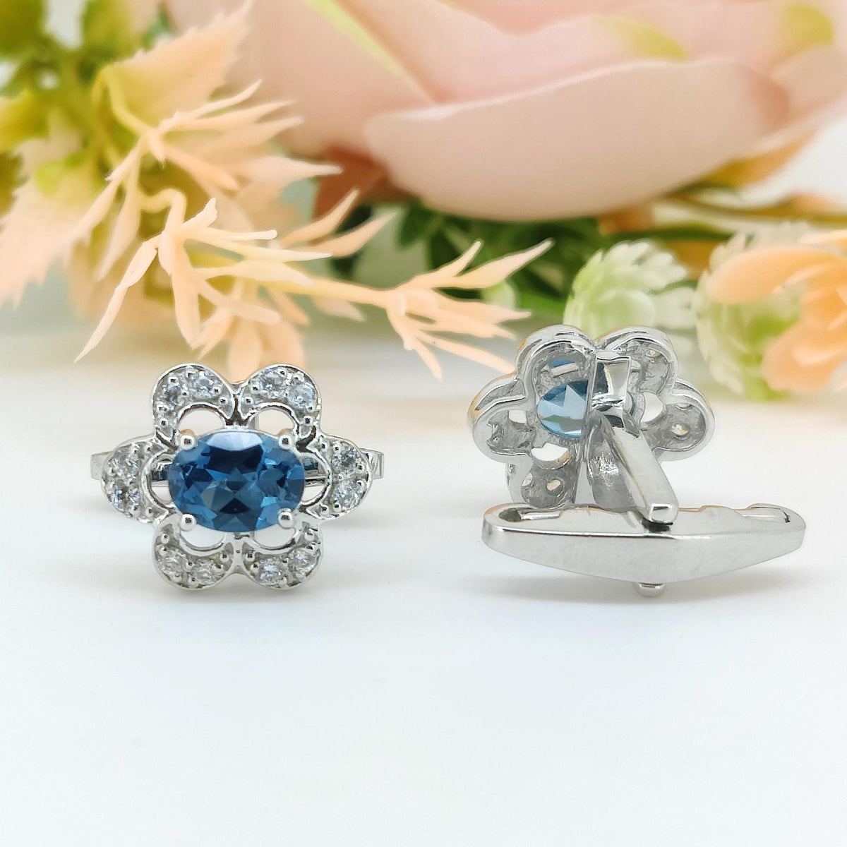 Oval London Blue Topaz Sterling Silver Cufflinks, December Birthstone Flower Cufflinks