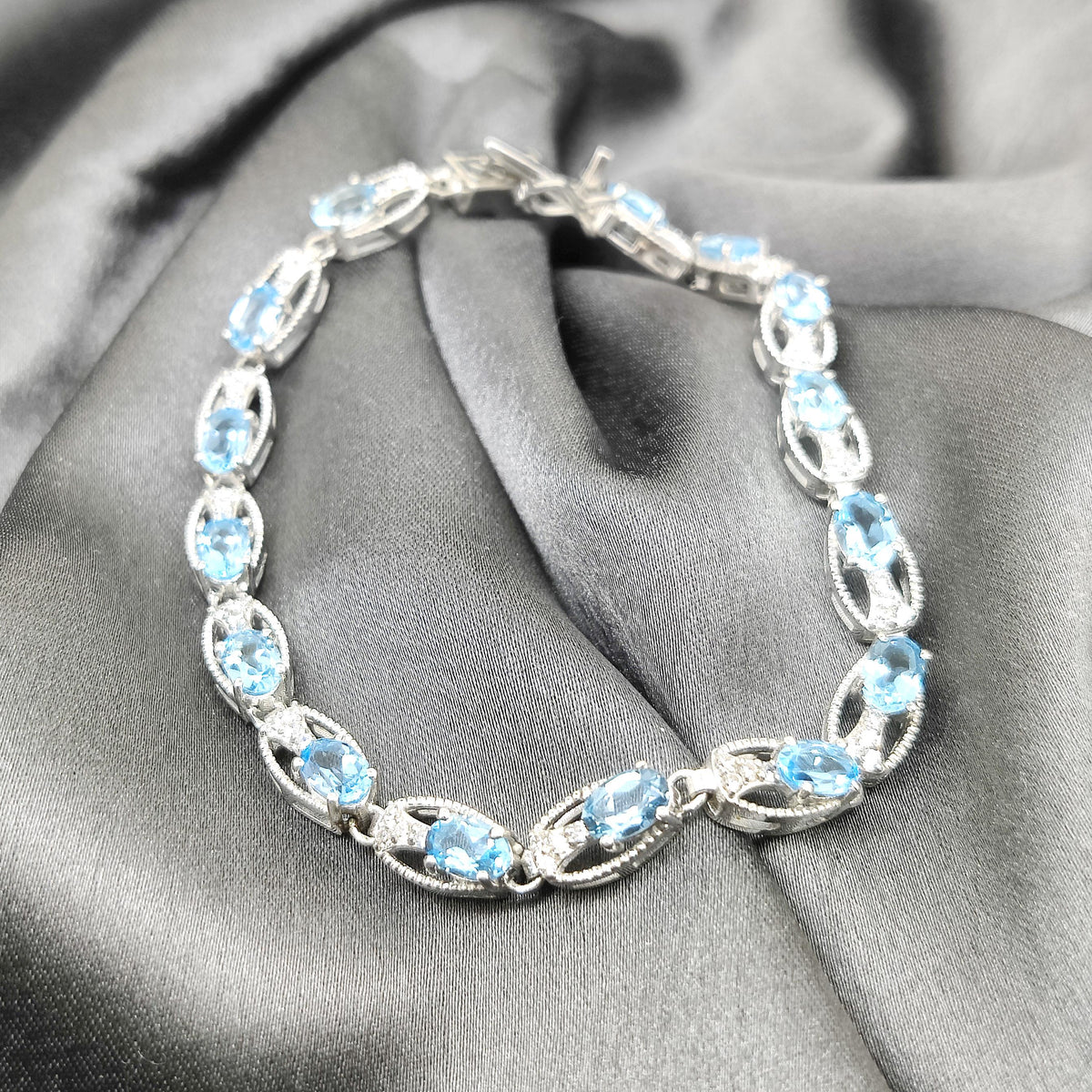 Swiss Blue Topaz Tennis Bracelet: Sterling Silver, December Birthstone, Handmade Gemstone Oval Jewelry