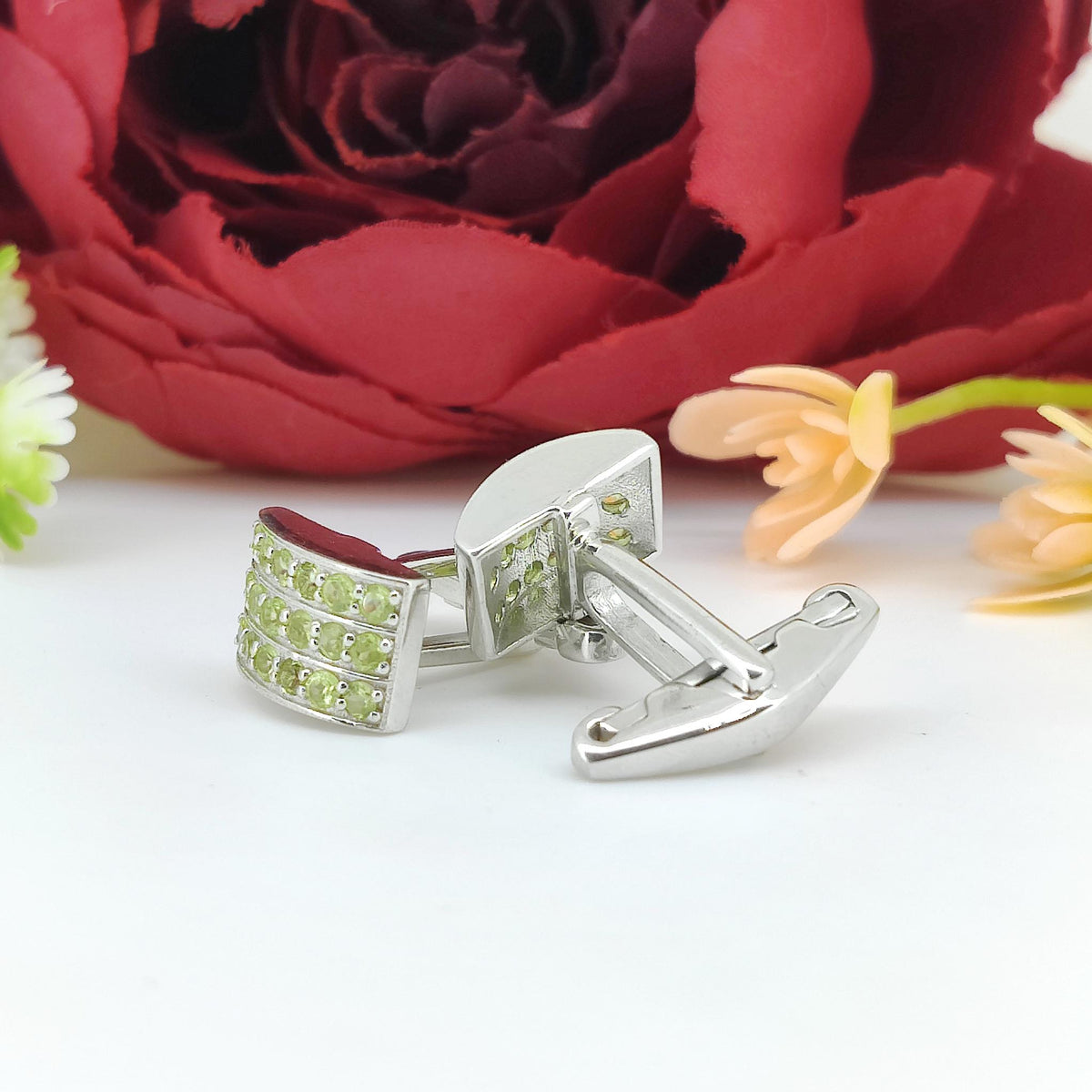 Natural Peridot Sterling Silver Cufflinks, August Birthstone Men's Jewelry