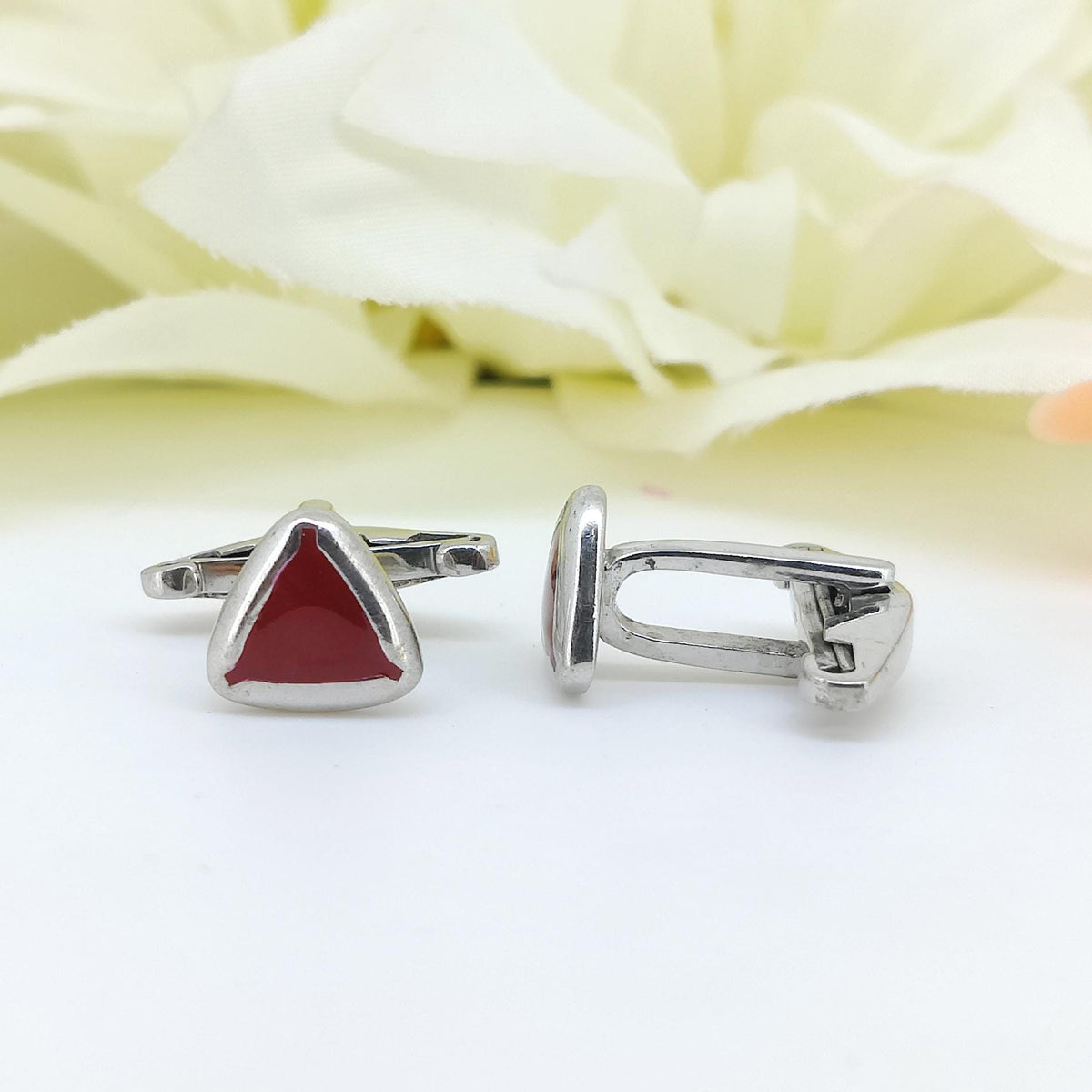 Minimalist Red Enamel Triangle Cufflinks, Sterling Silver Formal Jewelry (CUFF-400)