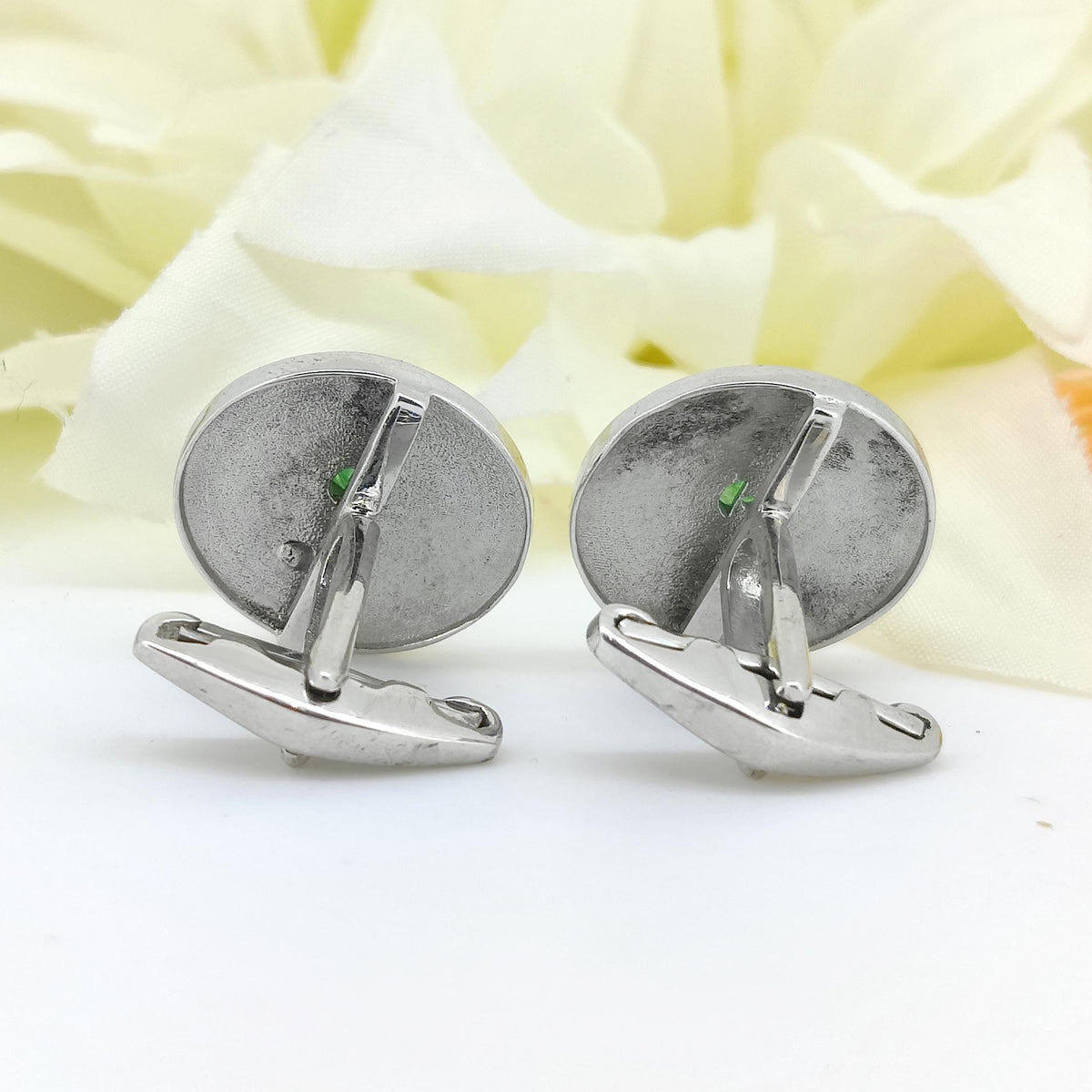 Emerald Enamel Cufflinks, Sterling Silver, Red Green Floral Design, May Birthstone Accessories