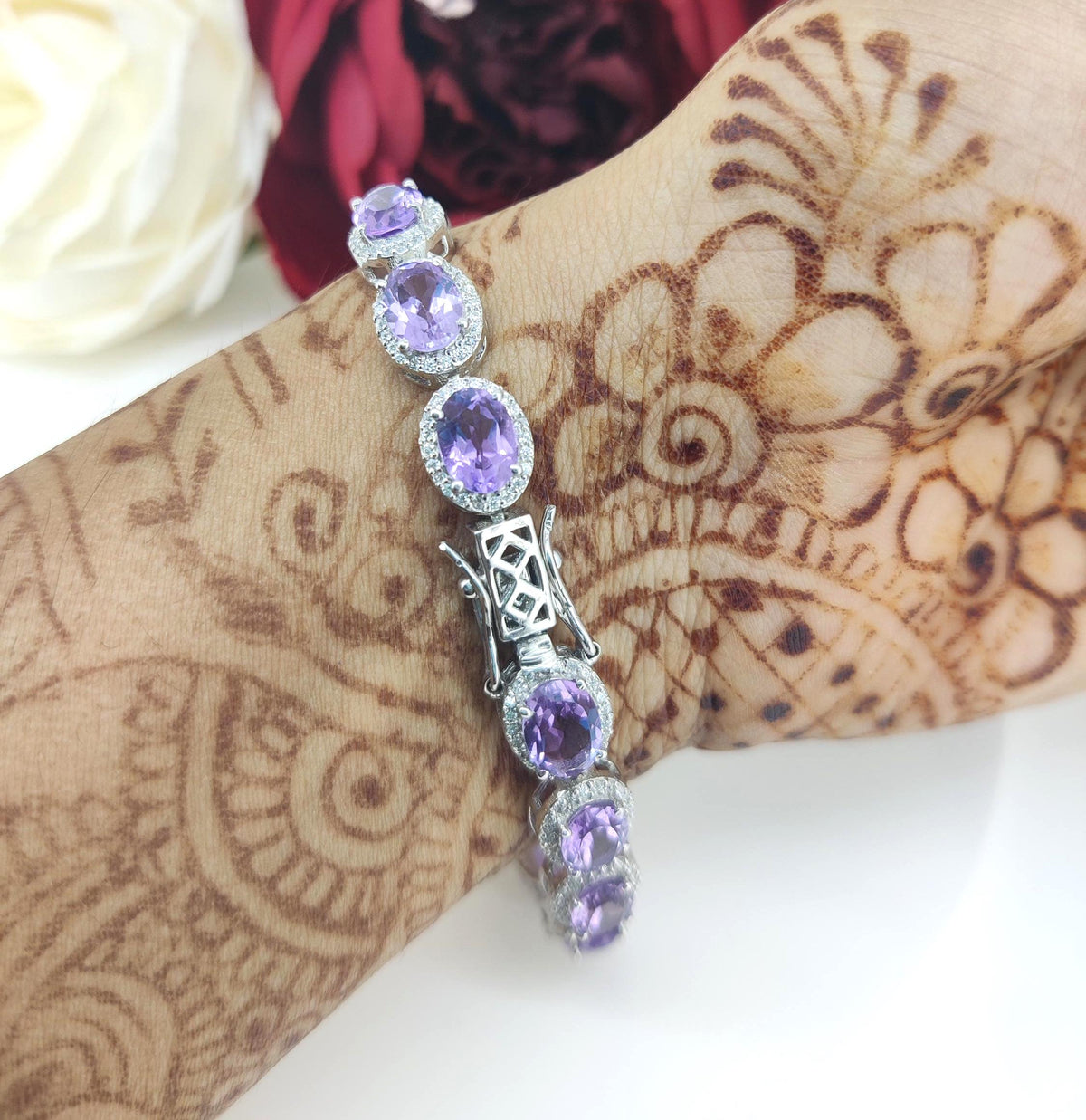 Amethyst Oval Gemstone Tennis Bracelet, 925 Sterling Silver, February Birthstone Jewelry