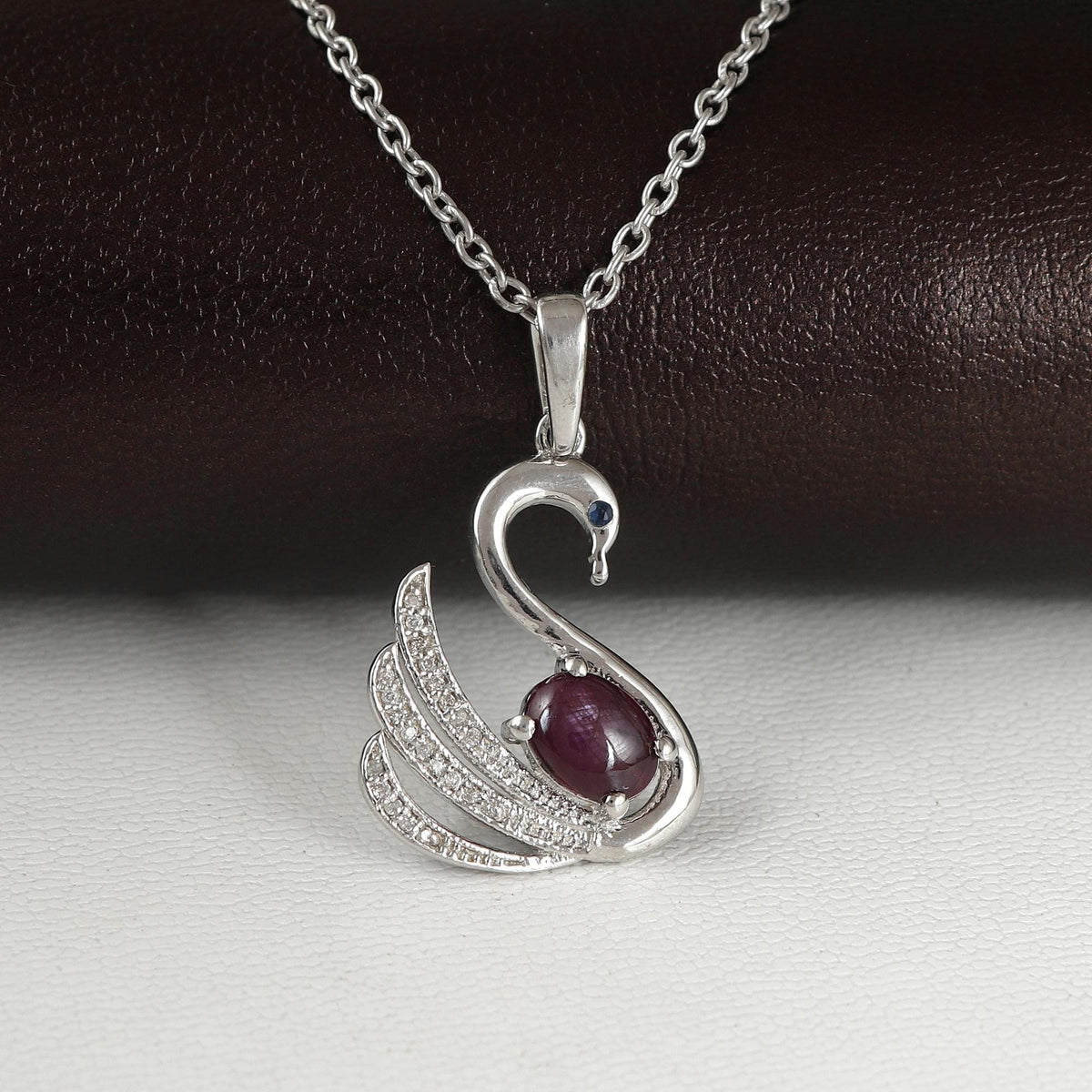 Star Ruby Swan Pendant: Sterling Silver Cubic Zircon Necklace