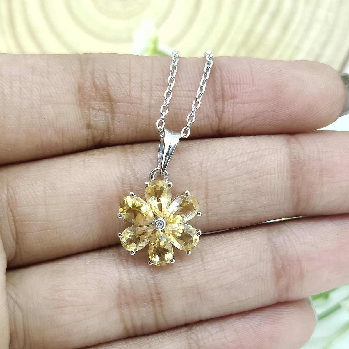 Natural Citrine Pendant-925 Sterling Silver Jewelry-November Birthstone-Pear Gemstone Flower Pendant-Handmade Jewelry-Gift for Anniversary
