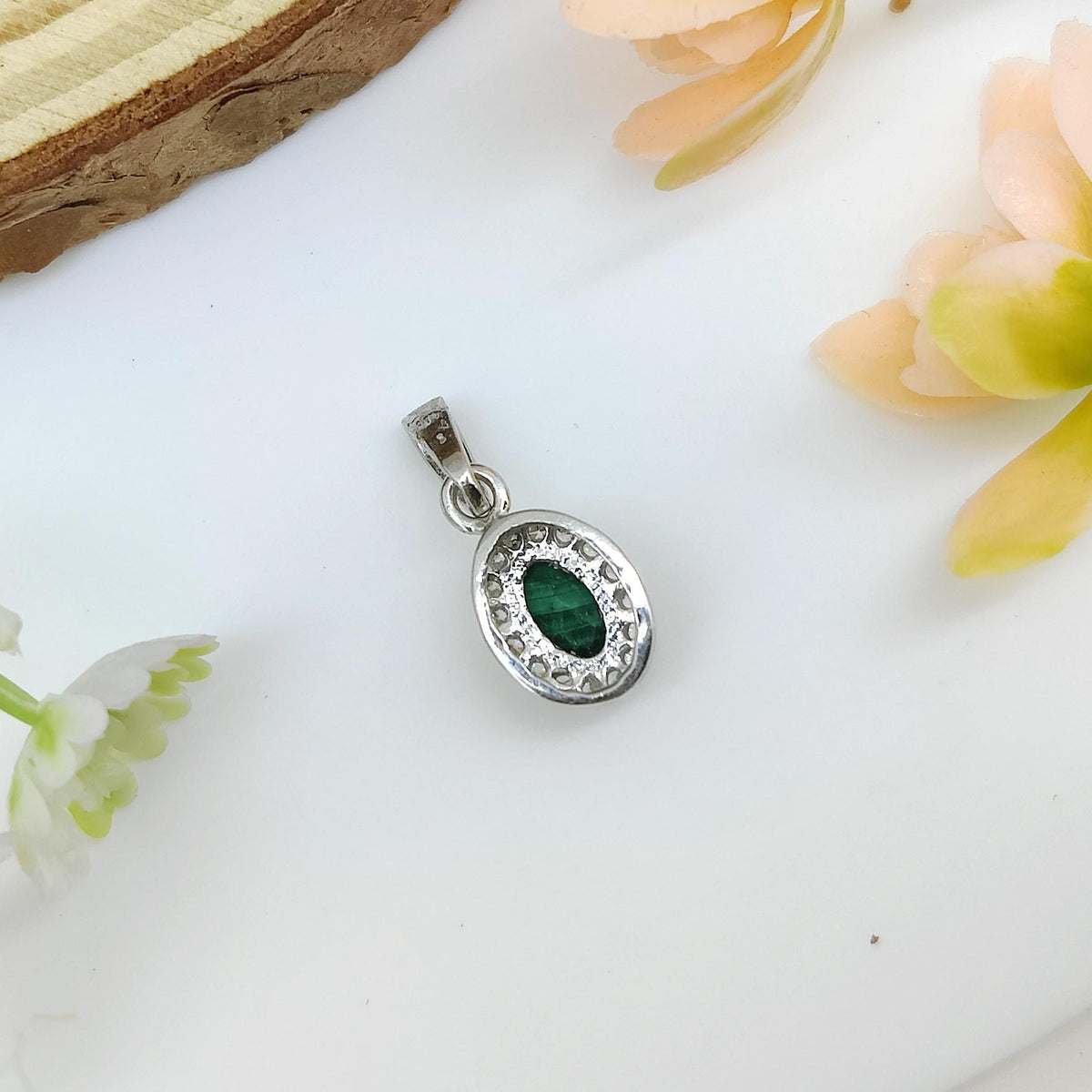 Natural Malachite Pendant-925 Sterling Silver-Oval Gemstone Cluster Pendant-May Birthstone-Cubic Zircon Chain Necklace-Anniversary Gift
