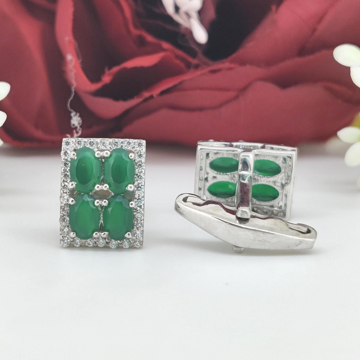 Green Onyx Sterling Silver Cufflinks, Oval Gemstone Men's Wedding Jewelry