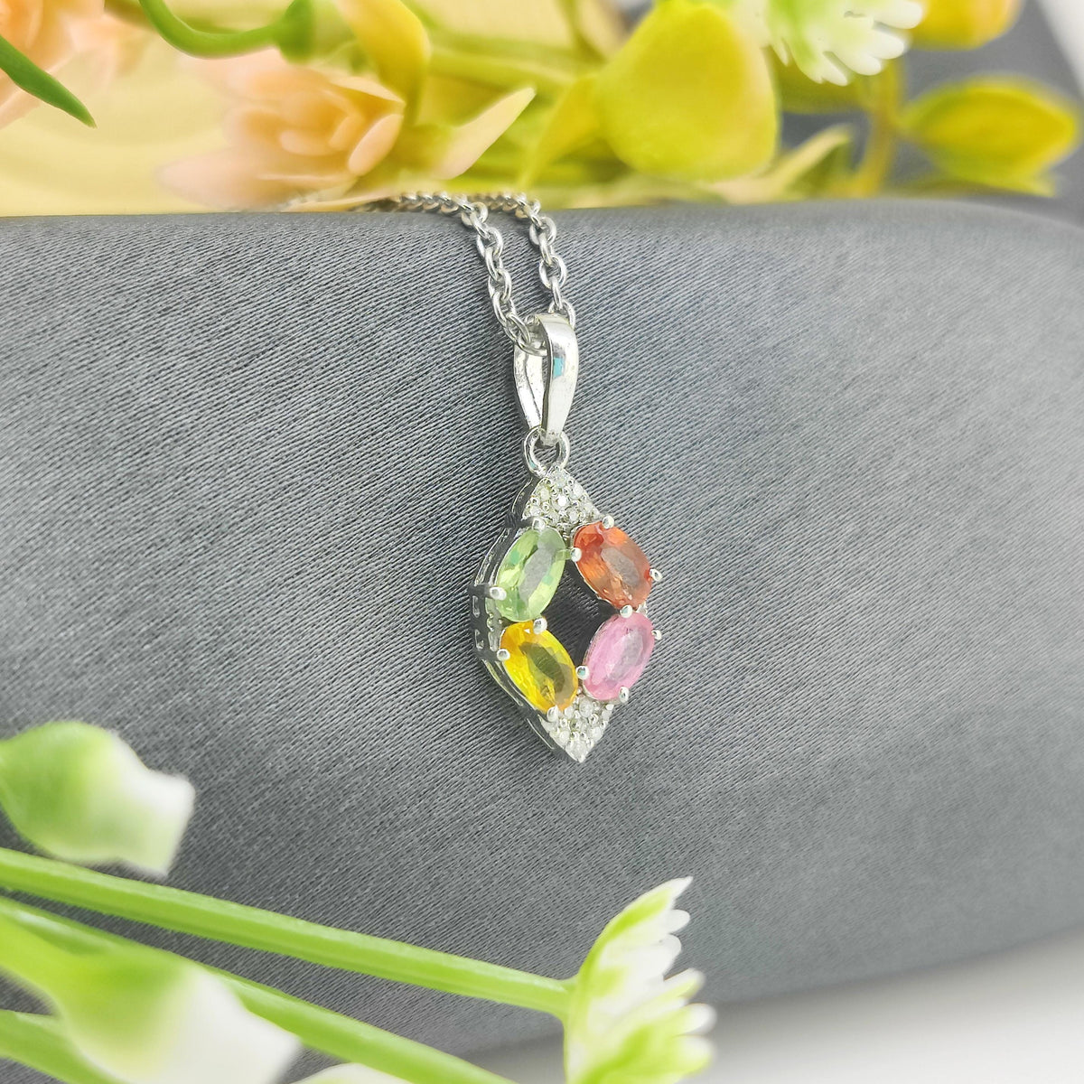 Natural Multi Sapphire Flower Pendant-925 Sterling Silver Jewelry-September Birthstone-Oval Sapphire Jewelry-Designer Diamond