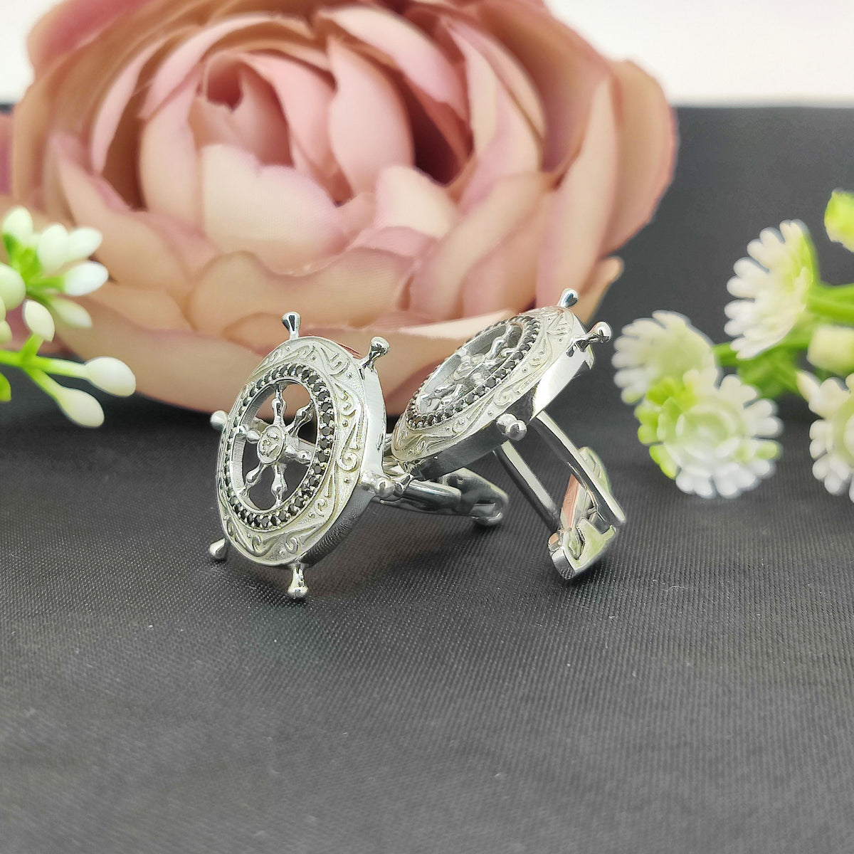 Sterling Silver Black Spinel Ship Wheel Cufflinks, Nautical Maritime Accessories