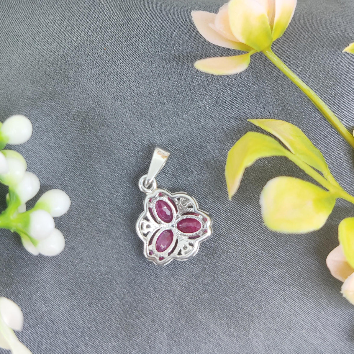Floral Ruby Pendant: Sterling Silver July Birthstone Jewelry