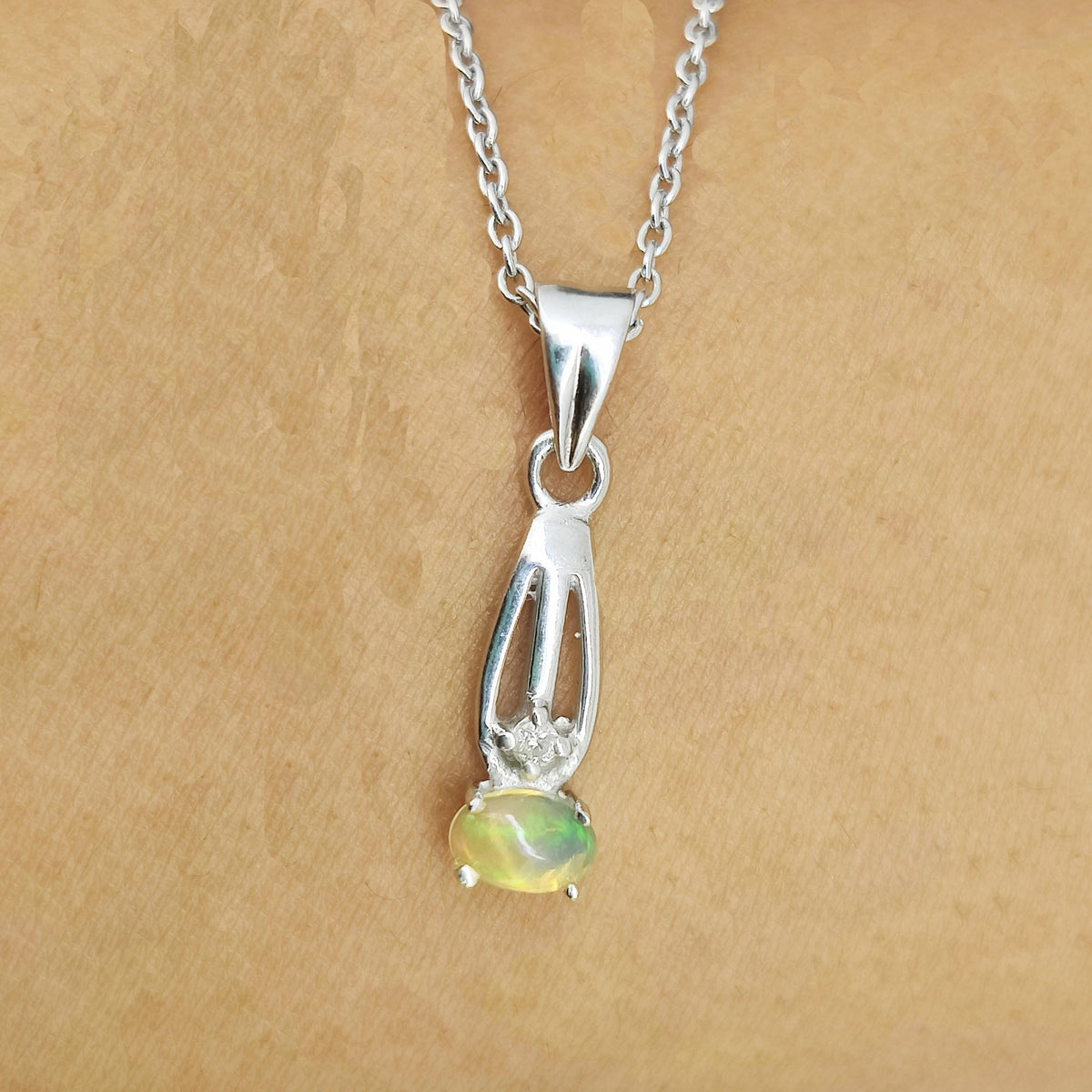 Natural Opal Pendant-925 Sterling Silver-October Birthstone Jewelry-Ethiopian Opal Jewelry-Cubic Zircon-Gift for Birthday