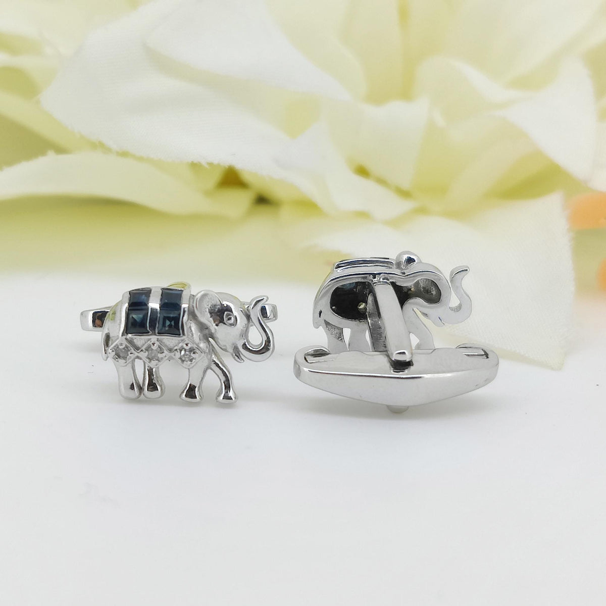 Natural Blue Sapphire Elephant Cufflinks, 925 Sterling Silver, September Birthstone, Minimalist Animal Jewelry