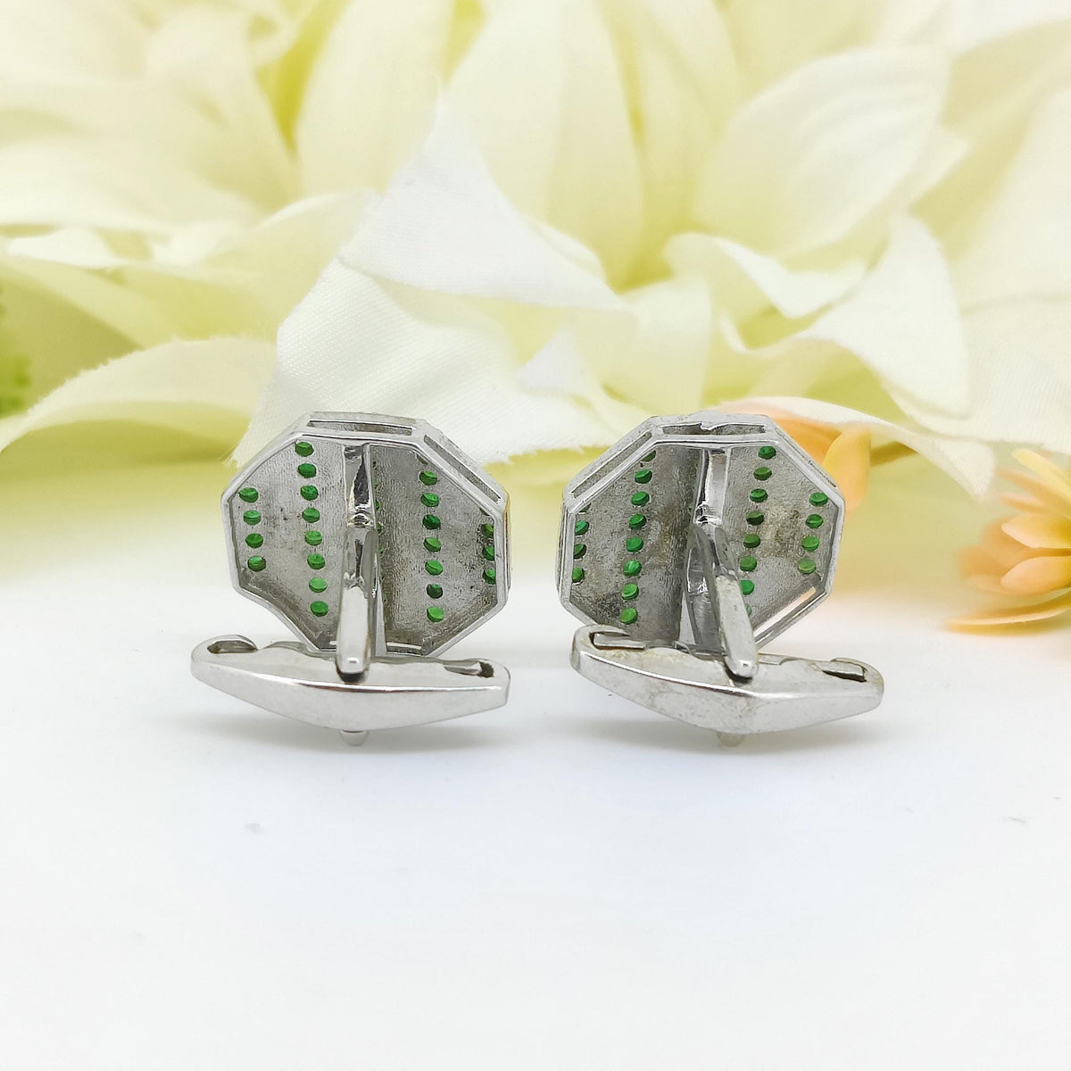 Natural Emerald Enamel Cufflinks-925 Sterling Silver-Gemstone Cufflinks-May Birthstone Jewelry-Anniversary Gifts-Minimalist Cufflinks