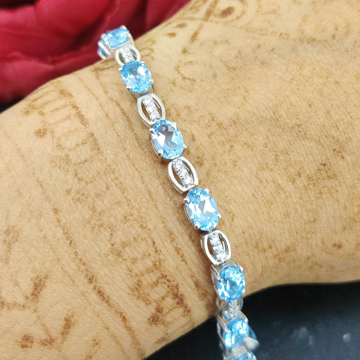 Oval Swiss Blue Topaz Tennis Bracelet, 925 Sterling Silver, December Birthstone, Bridal Jewelry