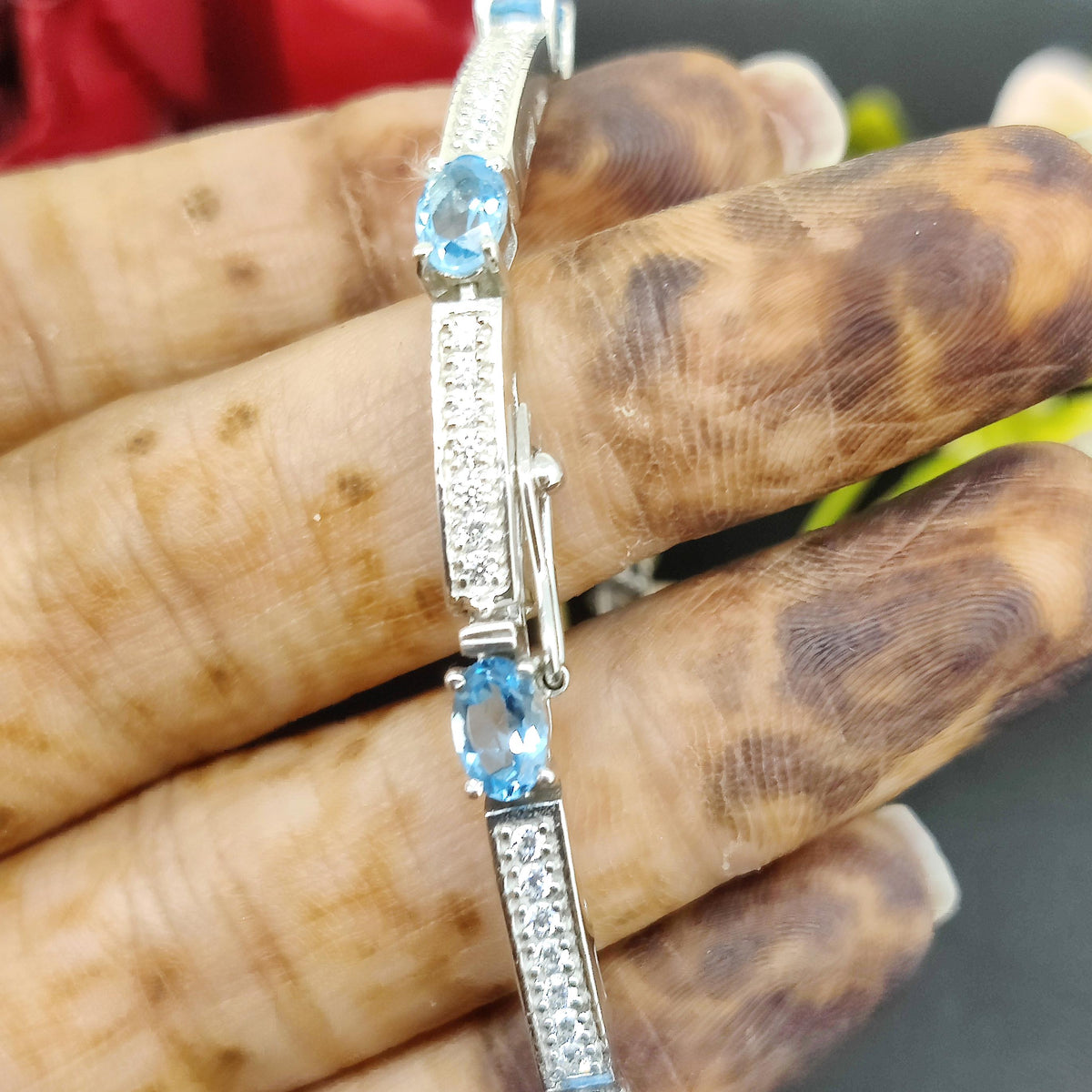 Natural Swiss Blue Topaz Tennis Bracelet, 925 Sterling Silver, December Birthstone Jewelry