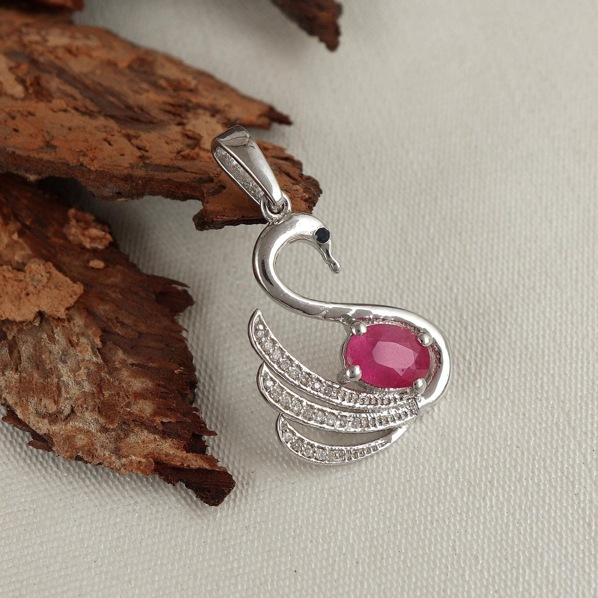 Genuine Ruby Gemstone Pendant: Handmade Swan Design Sterling Silver July Birthstone