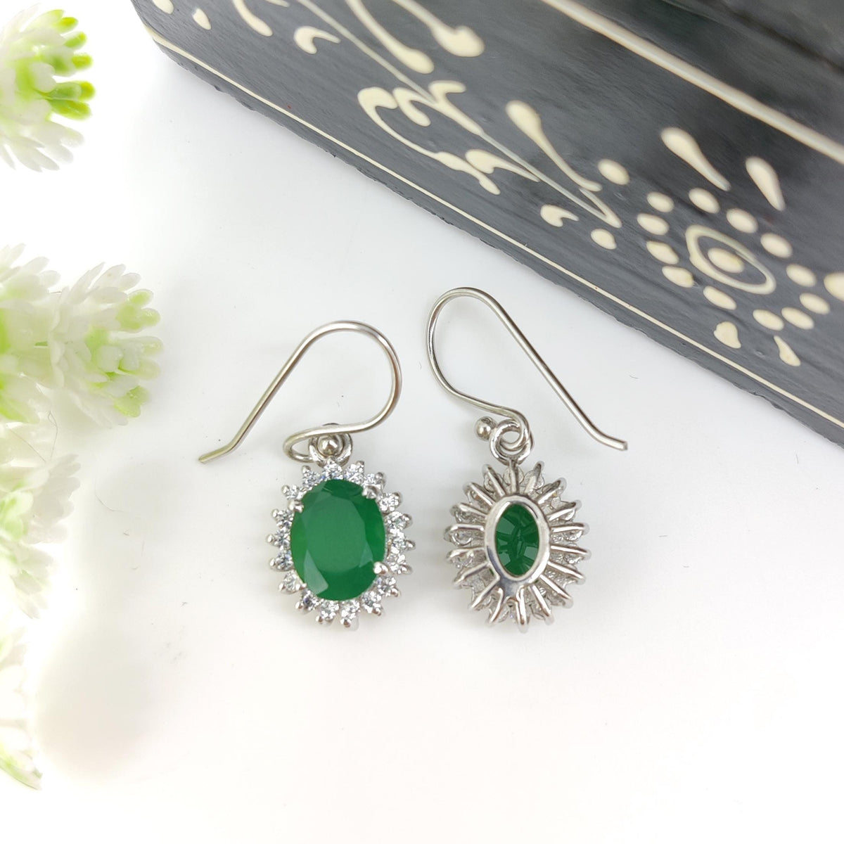 Green Onyx Sterling Silver Earrings: May Birthstone Dangle Drop Jewelry