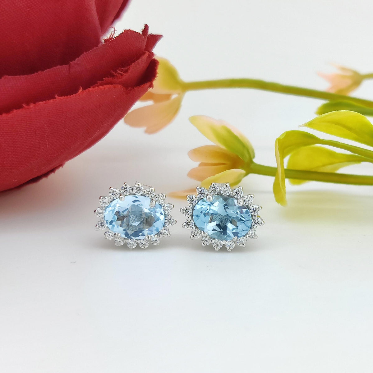 Genuine "Blue Topaz" Stud Earring-Gemstone Cluster Earring-Blue Topaz Jewelry-Cubic Zircon-925 Sterling Silver-December Birthstone Jewelry