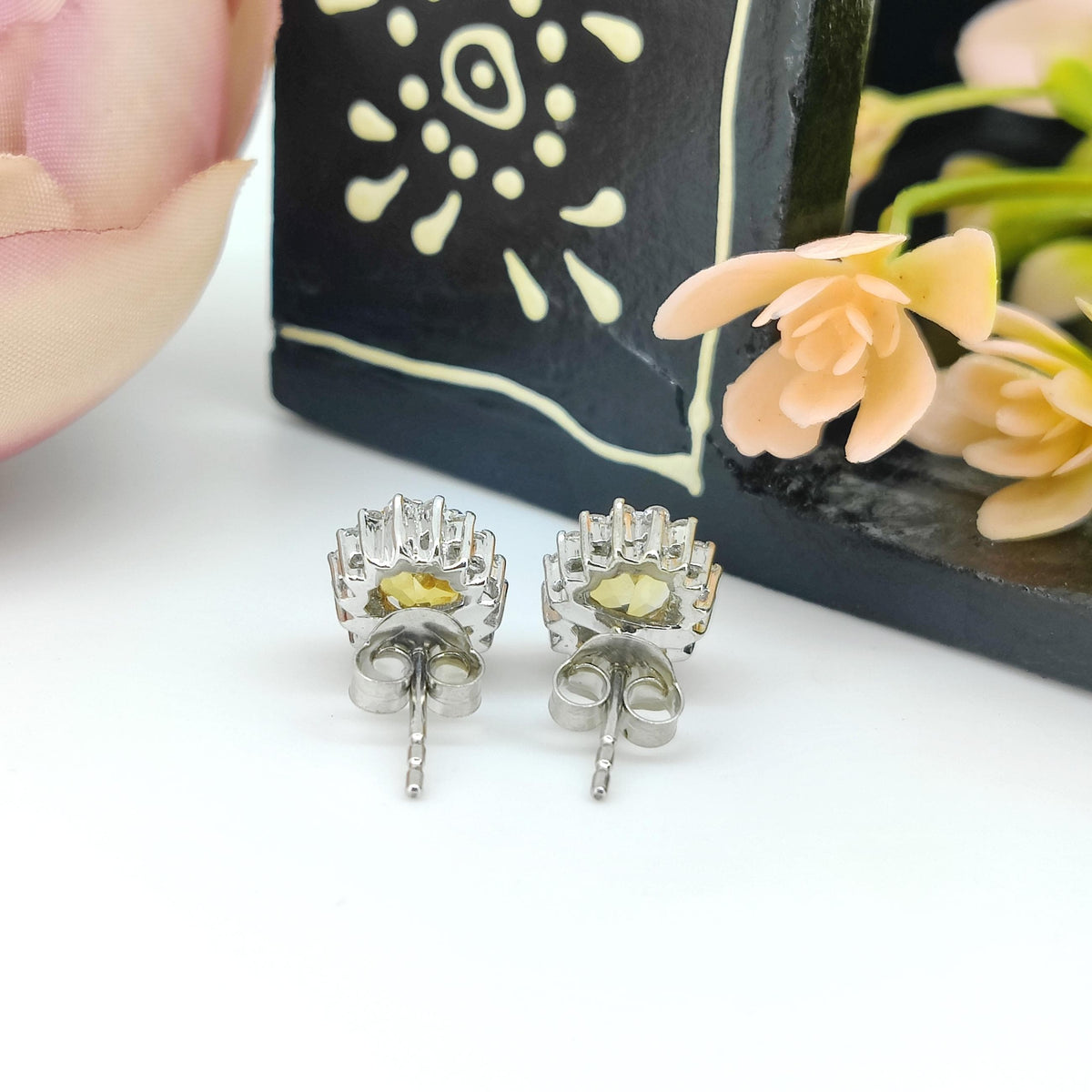 Natural Citrine Stud-925 Sterling Silver-Oval Gemstone-Cubic Zircon Cluster Earring-November Birthstone Jewelry-Yellow Citrine Jewelry Gift