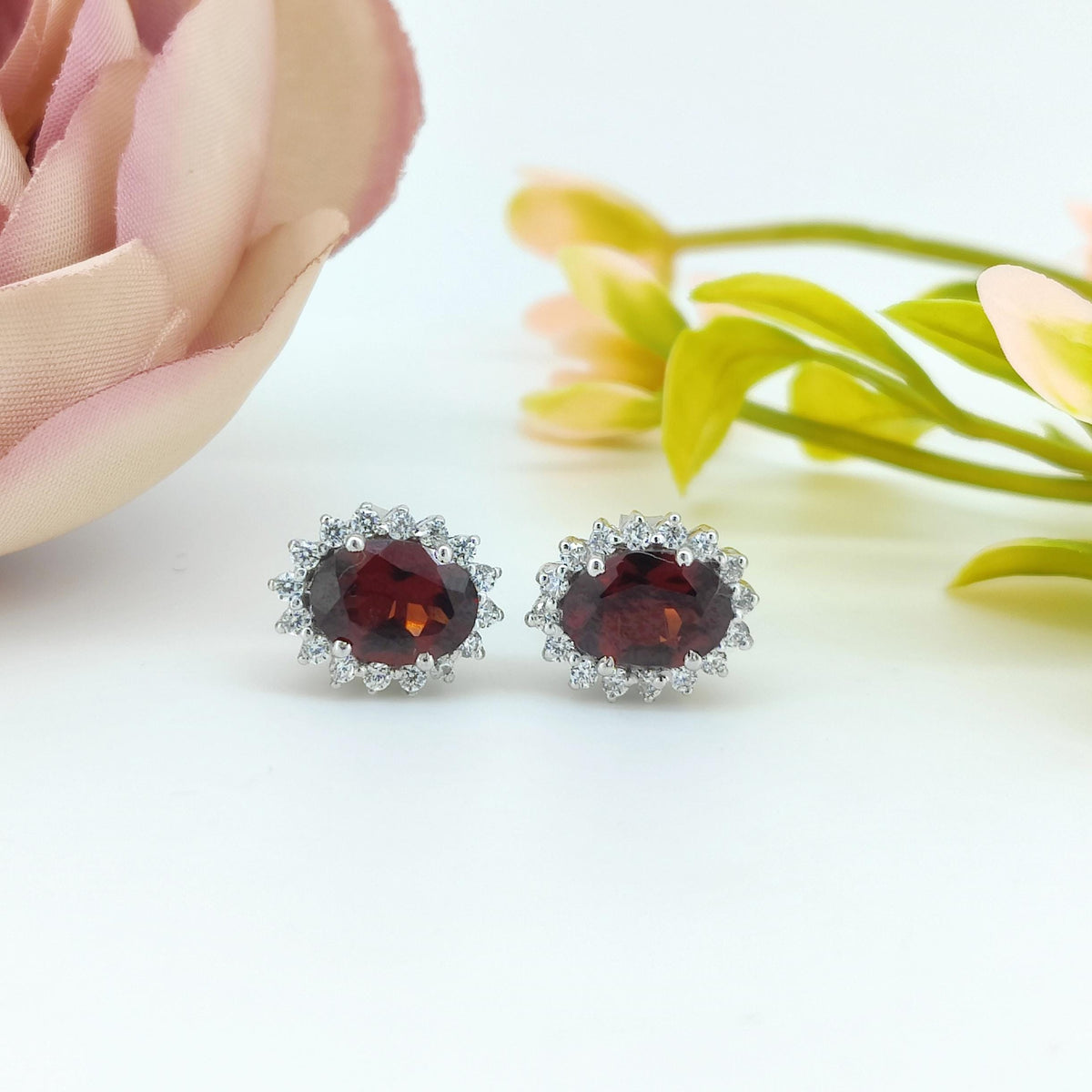 Oval Garnet Stud Earrings: Red Gemstone, Sterling Silver, January Birthstone