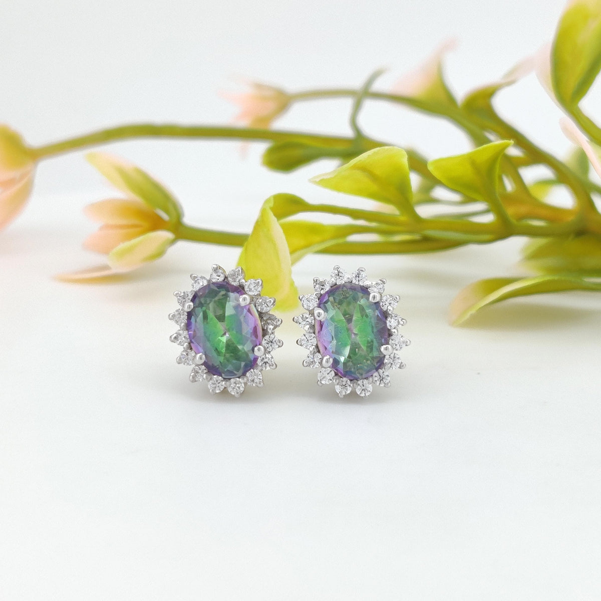 Natural Mystic Topaz Stud Earring-Oval Gemstone-925 Sterling Silver-Mystic Topaz Jewelry-November Birthstone Earrings-Anniversary Gift