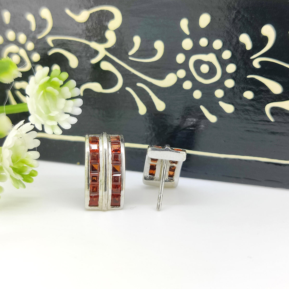 Square Garnet Stud Earrings: Sterling Silver January Birthstone