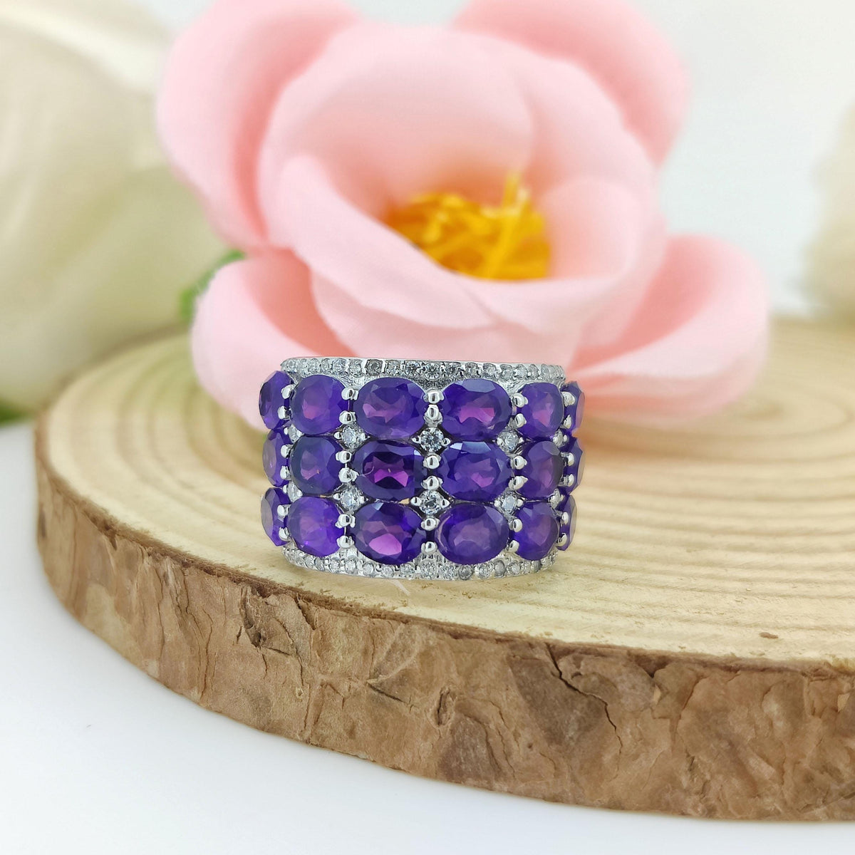 Natural African Amethyst Ring-925 Sterling Silver-Oval Gemstone Ring-February Birthstone Jewelry-Cubic Zircon-Purple Amethyst Jewelry Gift