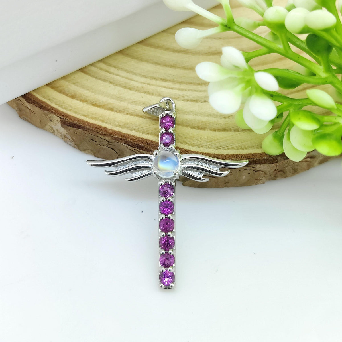 Rhodolite Garnet Cross Pendant: Sterling Silver Moonstone June Birthstone