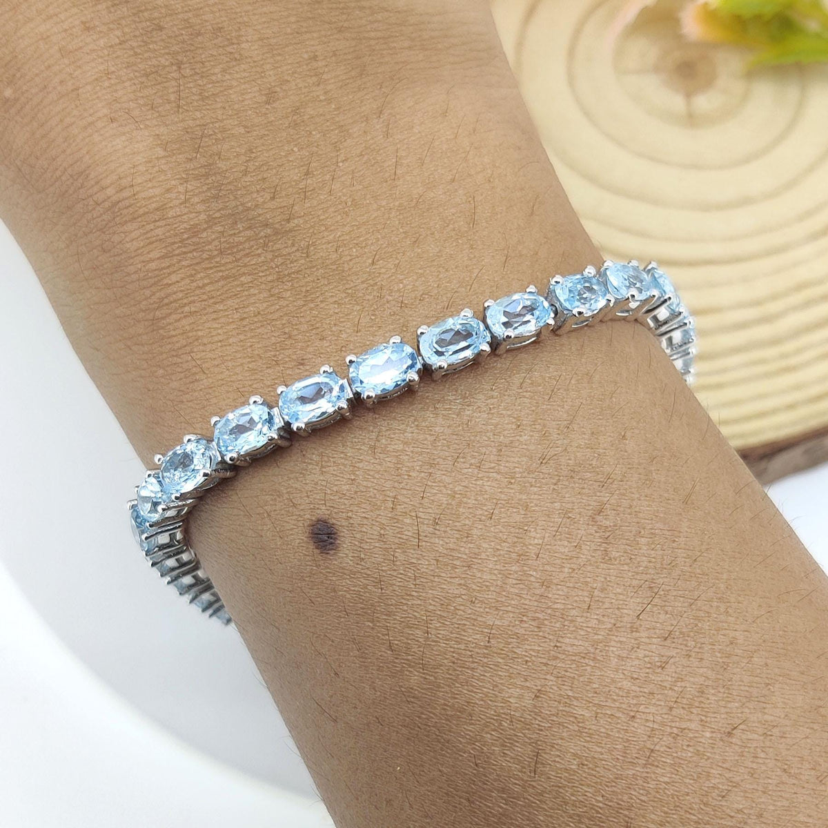 Natural Blue Topaz Tennis Bracelet-925 Sterling Silver-Oval Gemstone Bracelet-Blue Topaz Jewelry-December Birthstone Jewelry-Wedding Gift