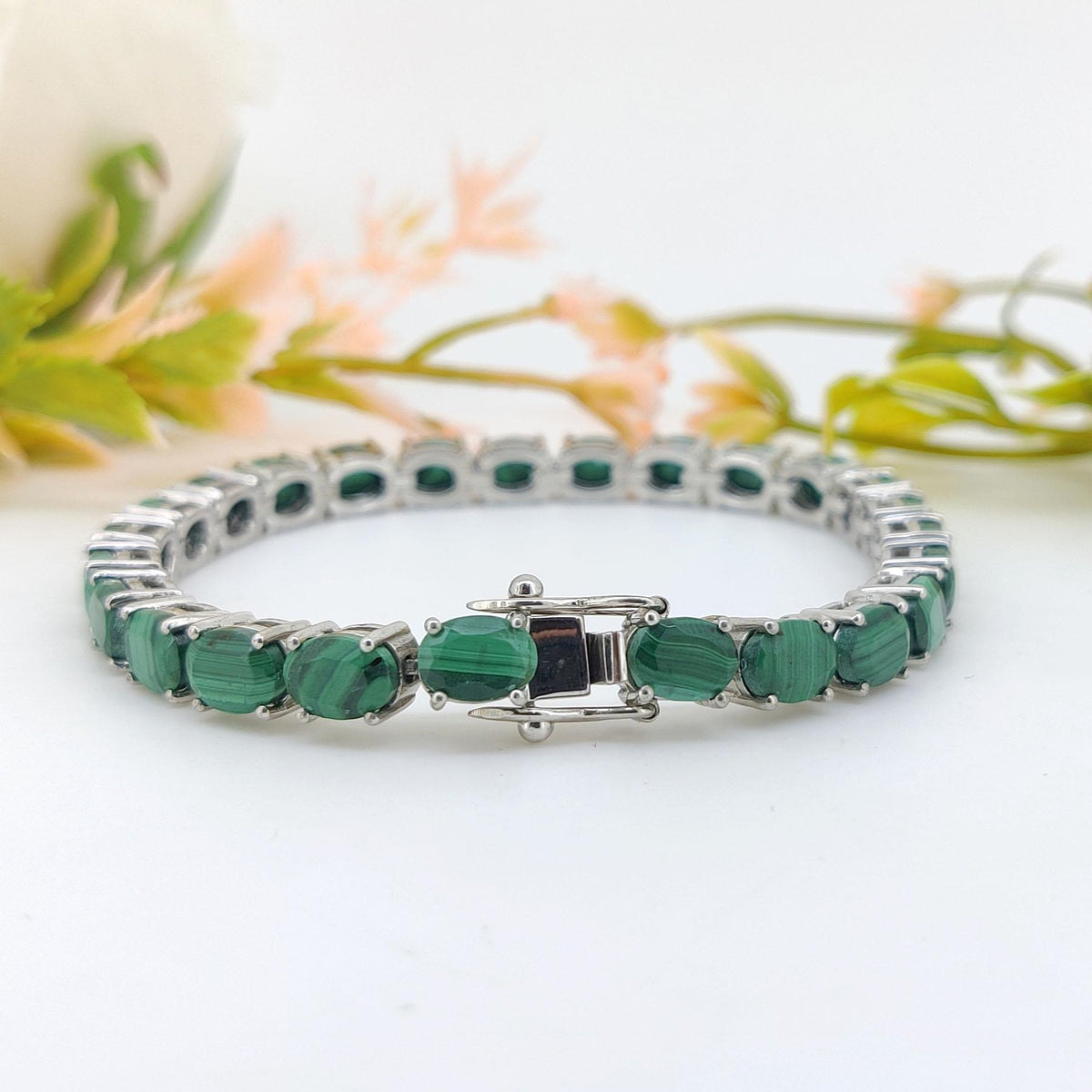 Malachite Tennis Bracelet: Oval Gemstone, Sterling Silver Jewelry