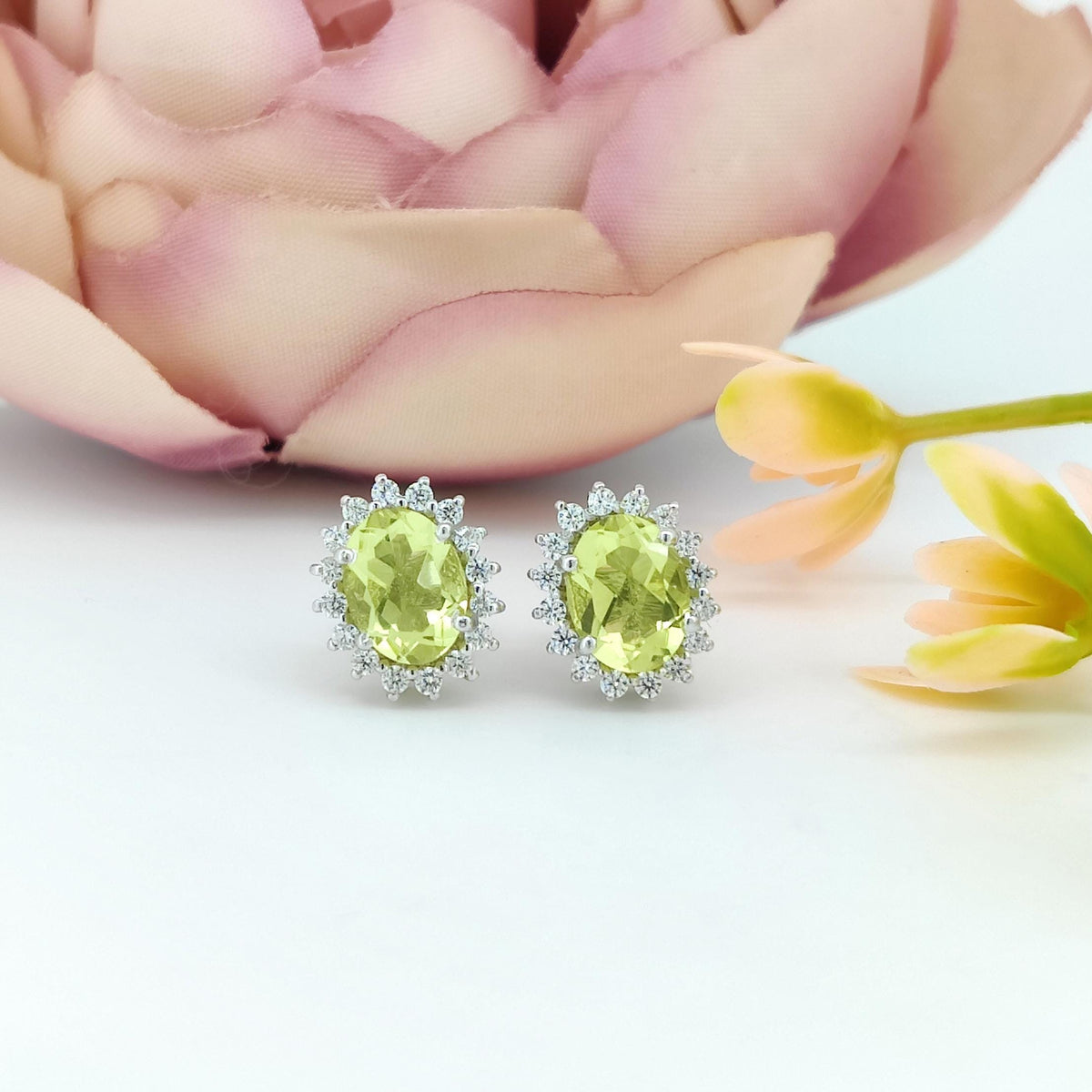 Natural Lemon Topaz Stud Earring-Gemstone Cluster Earring-925 Sterling Silver-Oval Lemon Jewelry-Cubic Zircon-November Birthstone Jewelry